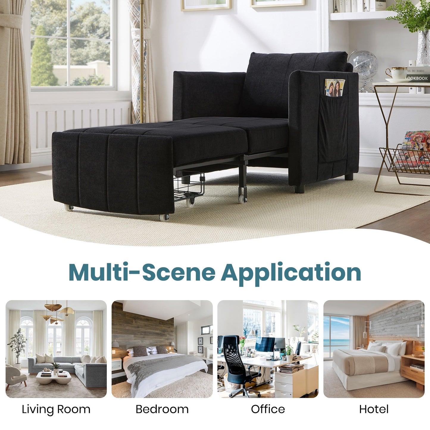 Roomfitters Convertible Sleeper Sofa with Pull-Out Bed 5-Position Adjustable Backrest Side Pockets & Storage Basket