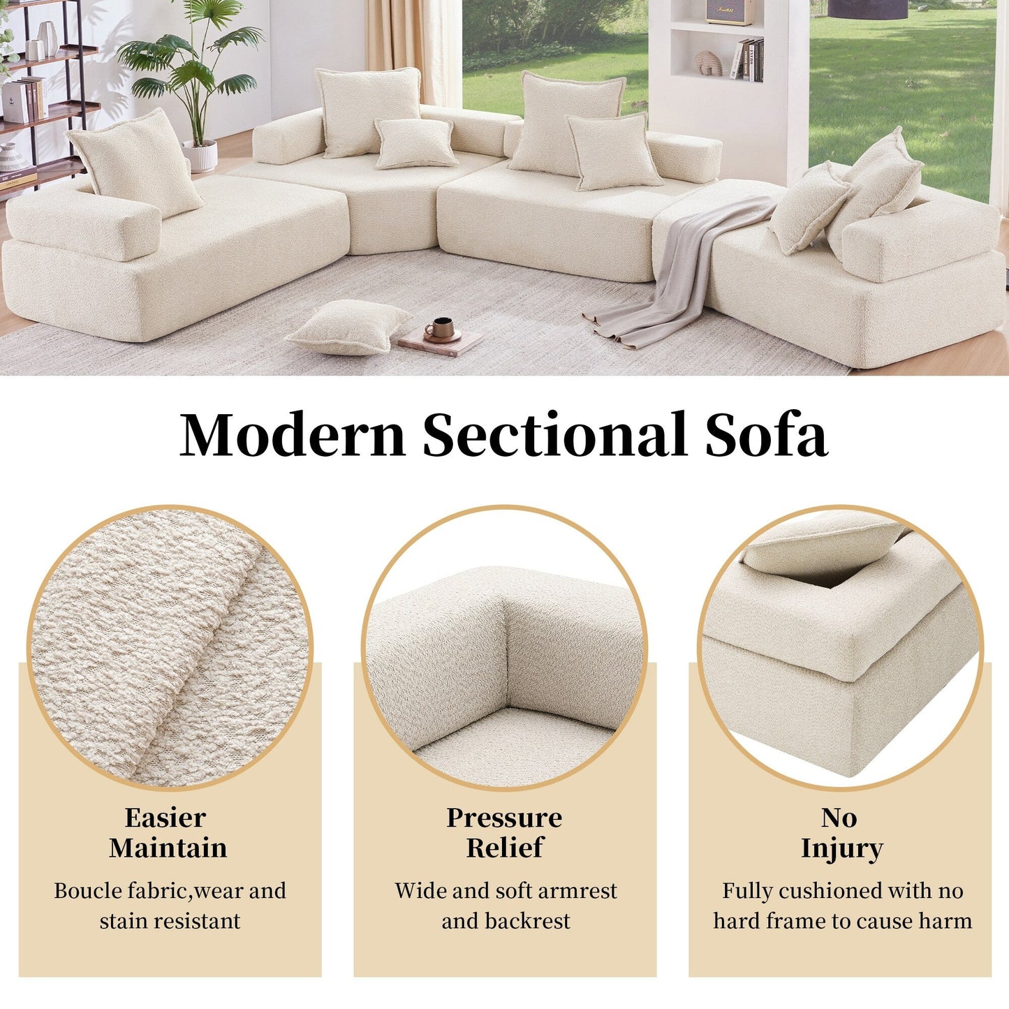 Roomfitters Corner Frame for Modular U Shaped Sofa, Boucle Upholstered Foam-Filled Floor Couch, Beige