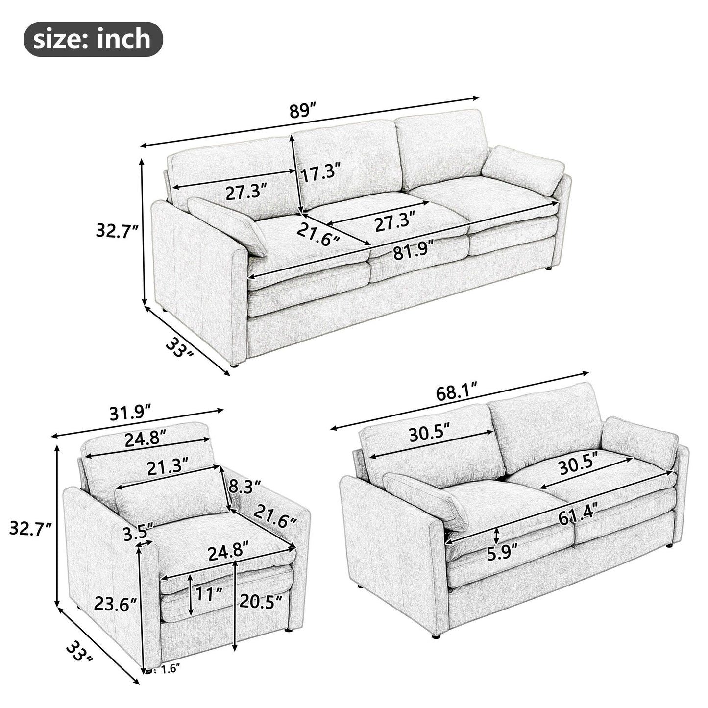 Roomfitters Cozy Oversized Cloud Sofa Group Upholstered 3-Piece Set with Double Plush Cushions for Living Room