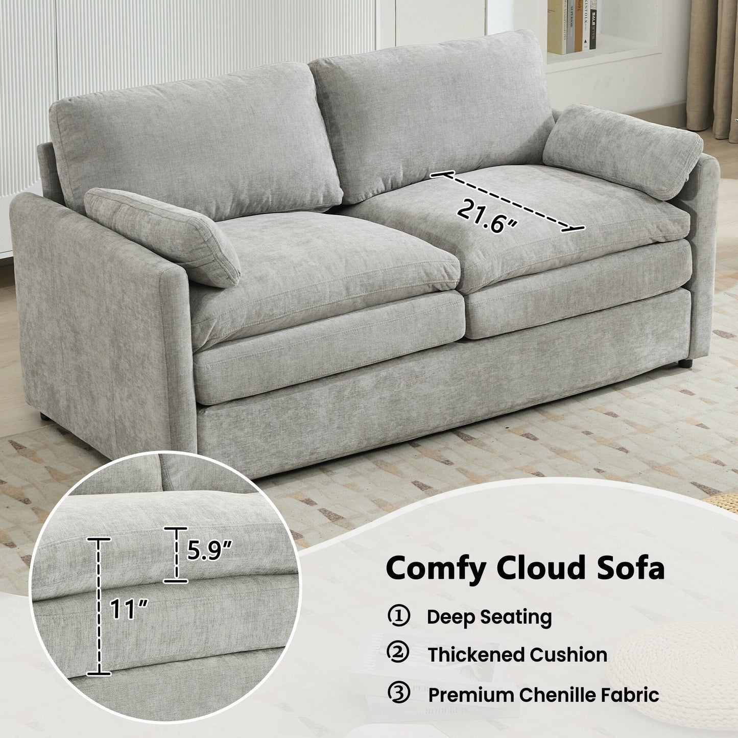 Roomfitters Cozy Oversized Upholstered Loveseat Cloud Sofa with Plush Double Cushion for Living Room, Light Grey