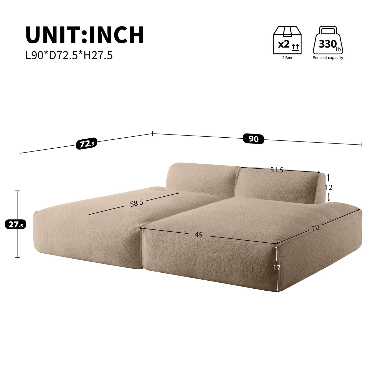 Roomfitters Foam-Filled Modular Sofa Bed with 2-Piece Free Layout, Compressed and No Assembly Floor Couch