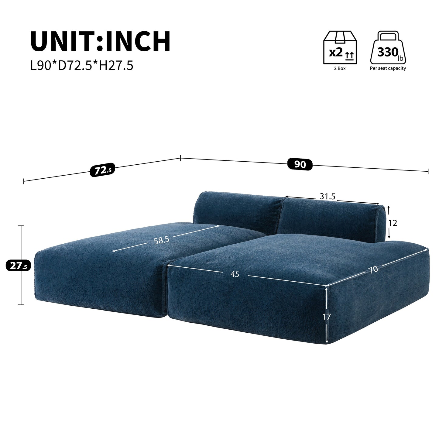 Roomfitters Foam-Filled Modular Sofa Bed with 2-Piece Free Layout, Compressed and No Assembly Floor Couch