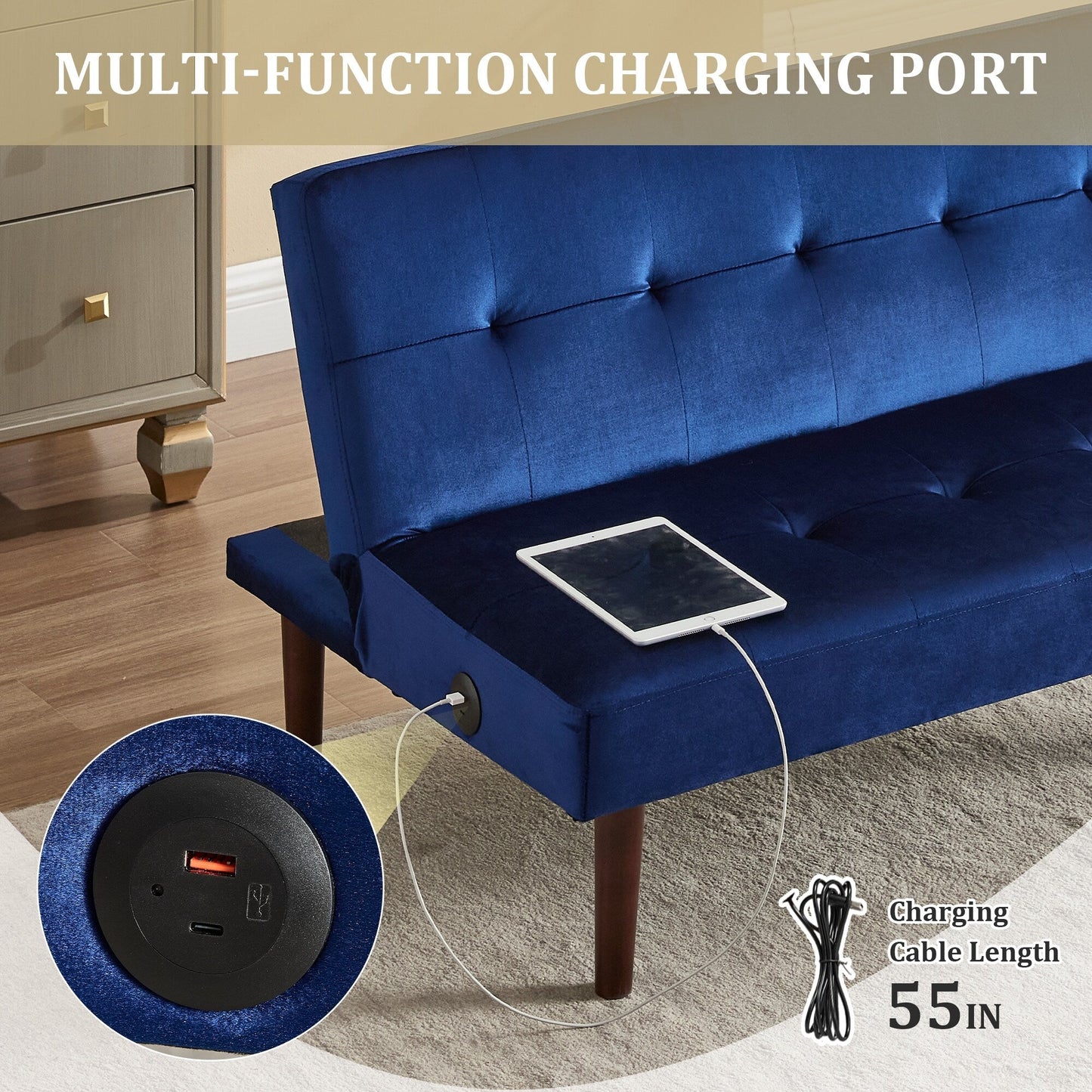 Roomfitters Foldable Flannel Sofa Bed, Adjustable Recliner Futon with Charging Port for Living Room, Bedroom or Office