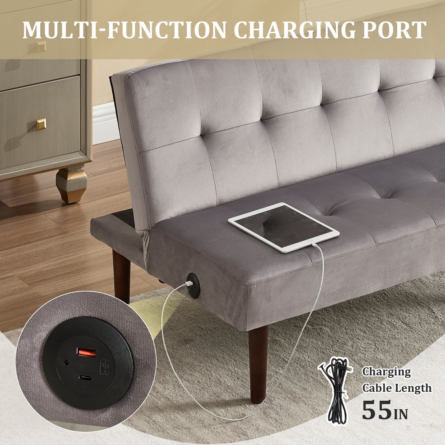 Roomfitters Foldable Flannel Sofa Bed, Adjustable Recliner Futon with Charging Port for Living Room, Bedroom or Office