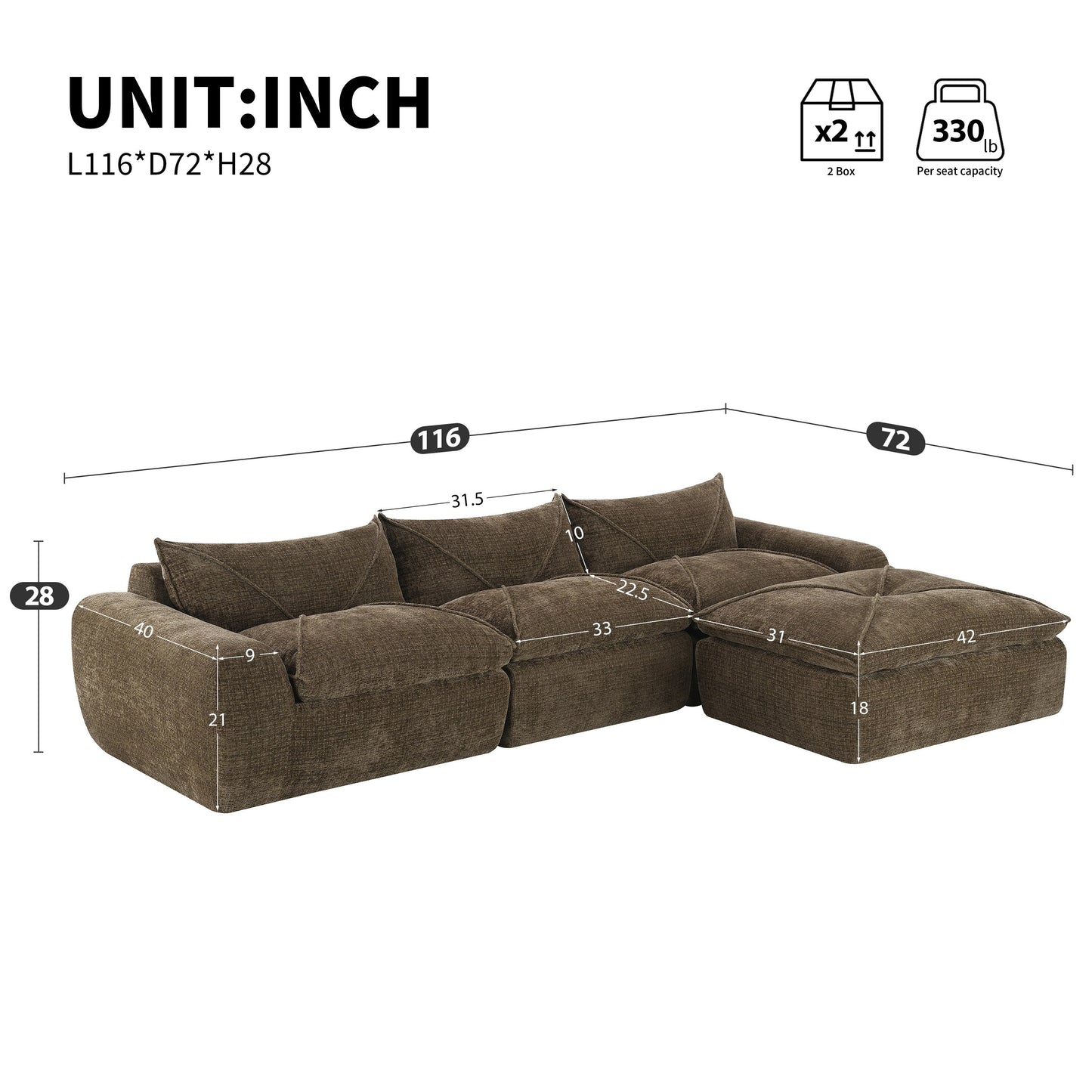 Roomfitters Fully Compressed Sofa with High-Density Foam, Legless Frame-Free Seat and Backrest, No Assembly Needed
