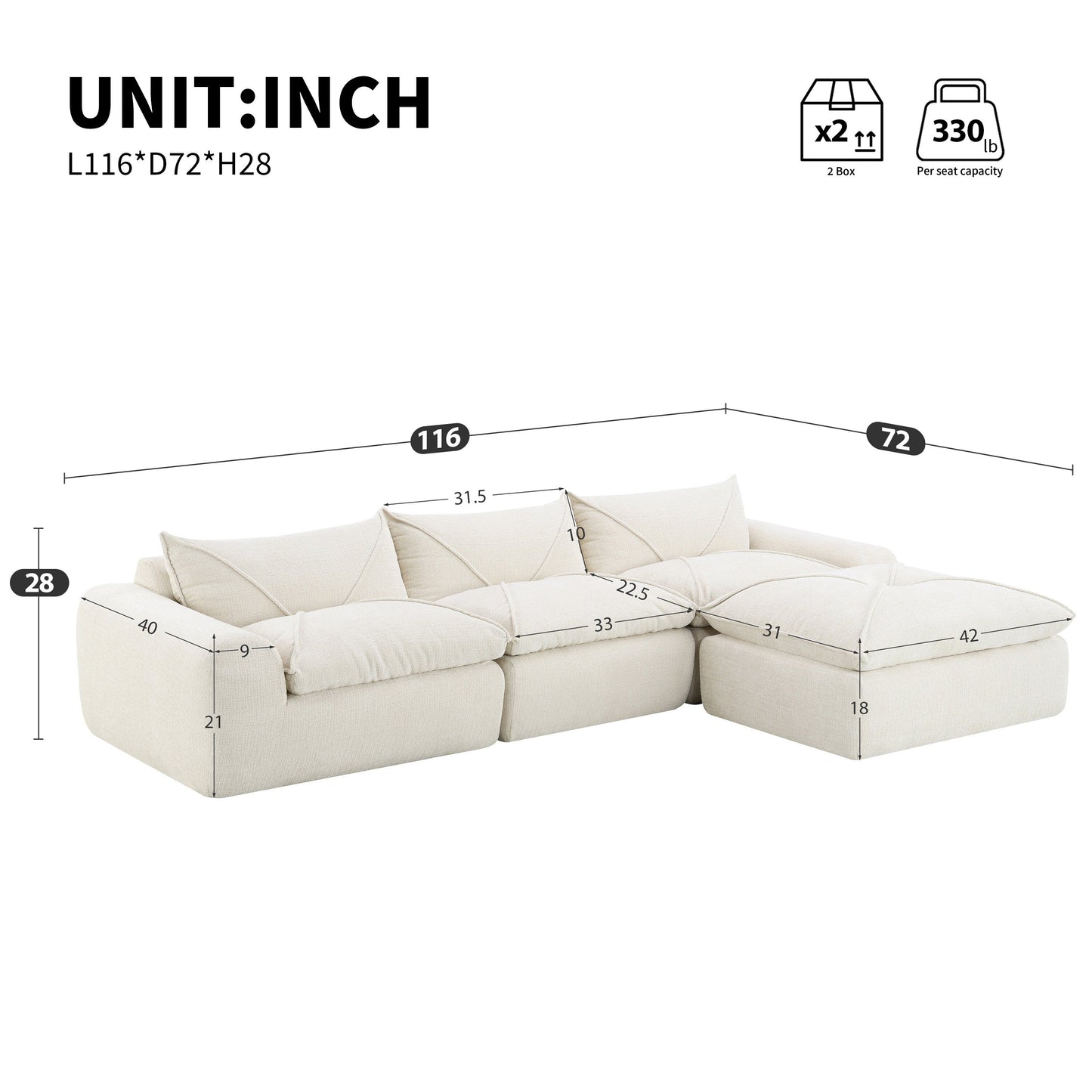 Roomfitters Fully Compressed Sofa with High-Density Foam, Legless Frame-Free Seat and Backrest, No Assembly Needed