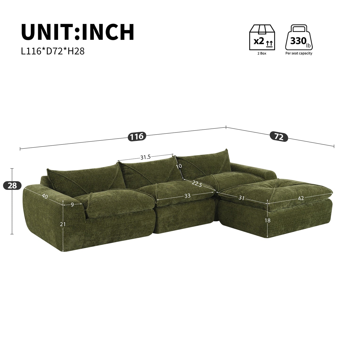 Roomfitters Fully Compressed Sofa with High-Density Foam, Legless Frame-Free Seat and Backrest, No Assembly Needed