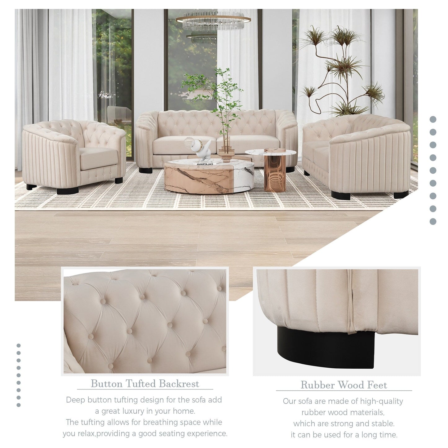 Roomfitters Modern 3-Piece Velvet Sofa Set with Rubber Wood Legs Includes Three-Seat Sofa Loveseat and Chair for Living Room