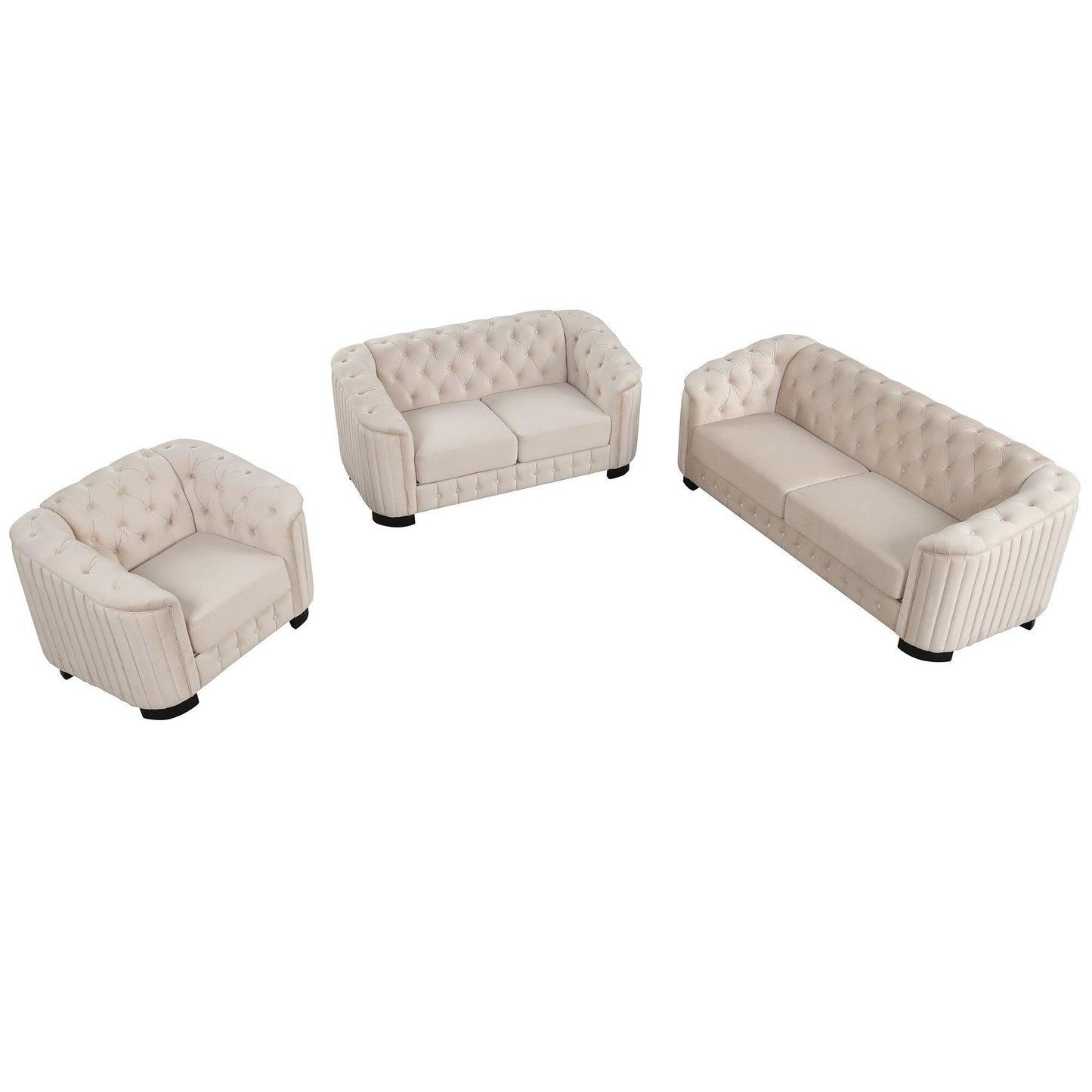 Roomfitters Modern 3-Piece Velvet Sofa Set with Rubber Wood Legs Includes Three-Seat Sofa Loveseat and Chair for Living Room