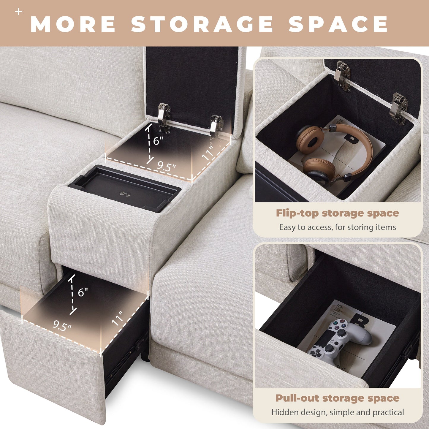 Roomfitters Modular Chenille Sofa with USB Console, Movable Ottoman and Wide 4-Seat Reversible L-Shaped Couch
