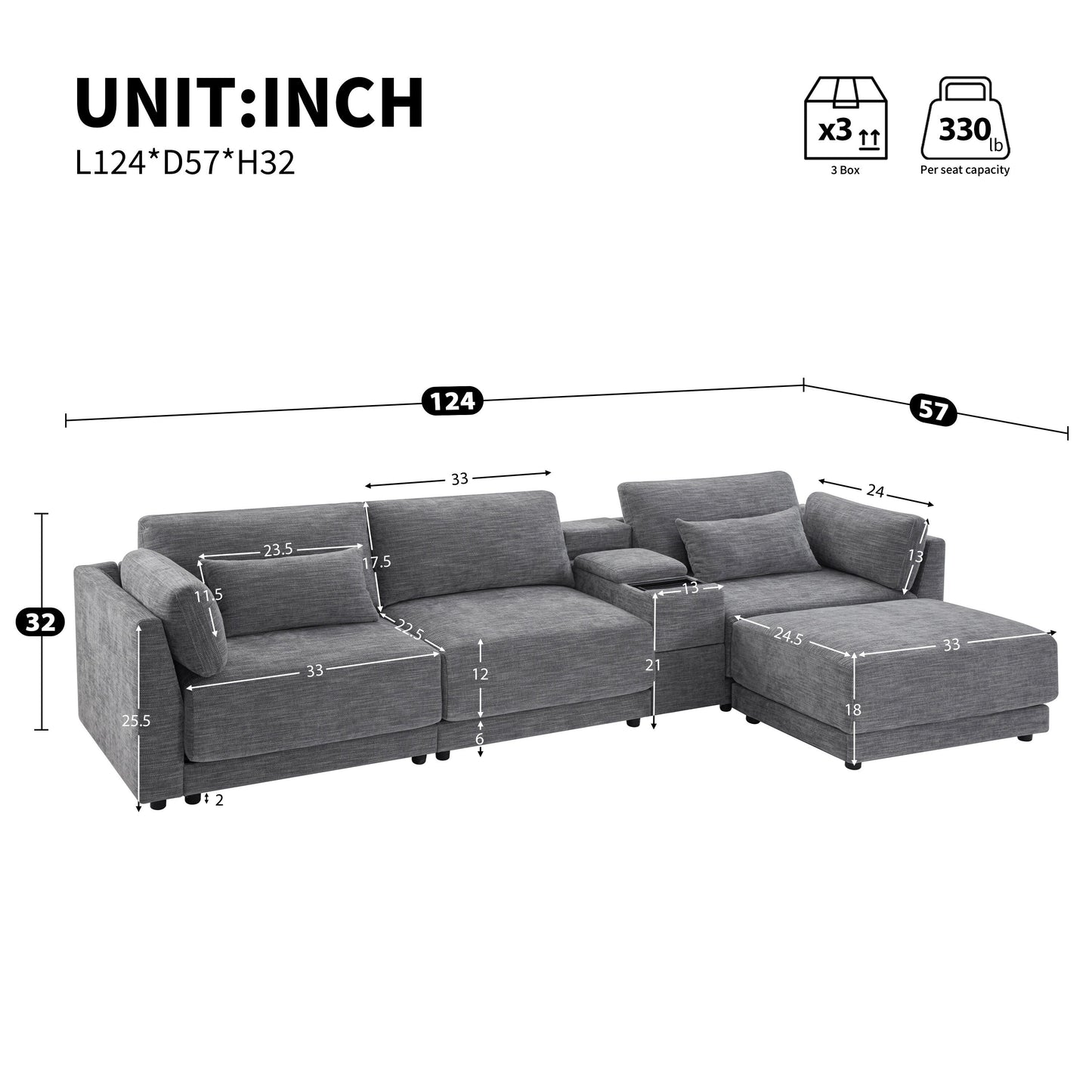 Roomfitters Modular Chenille Sofa with USB Console, Movable Ottoman and Wide 4-Seat Reversible L-Shaped Couch