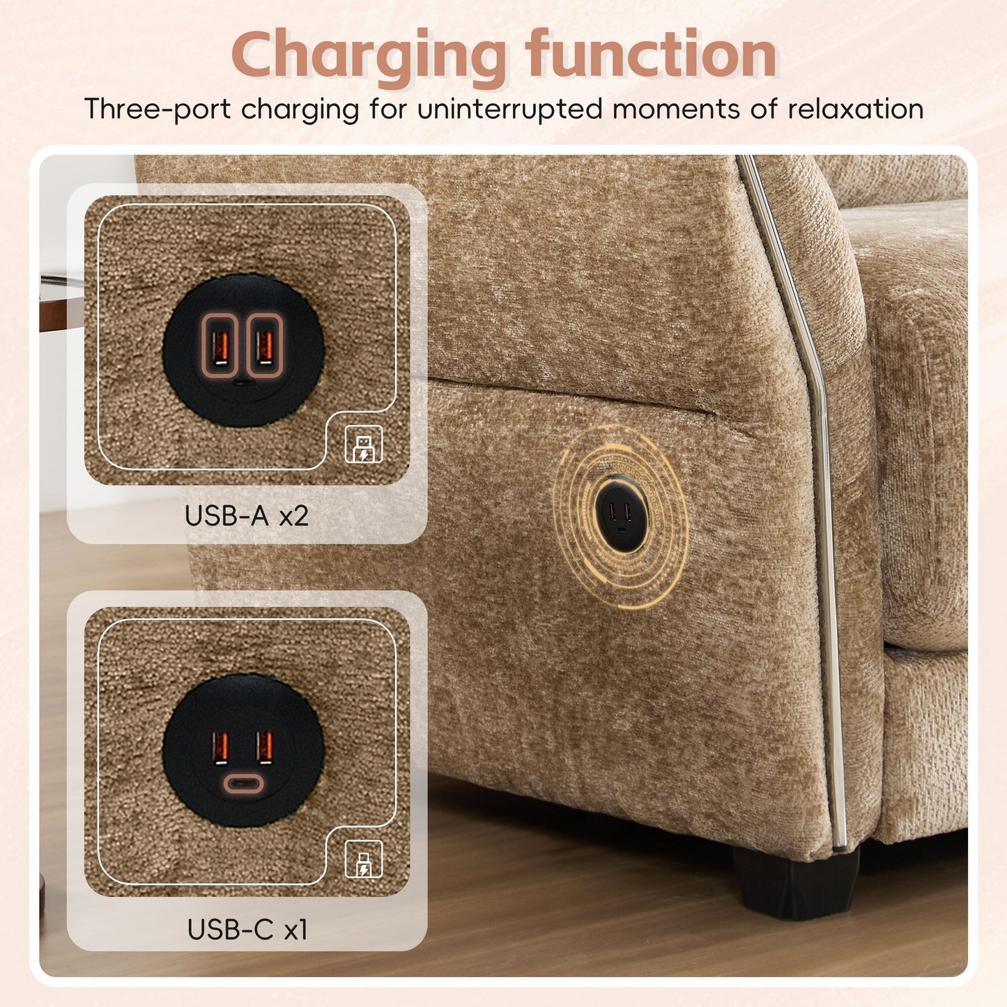 Roomfitters Modular L-Shaped Sofa with Wide Chenille Seat, USB Type-C Charger and Ottoman, Petal Arms, High Foam