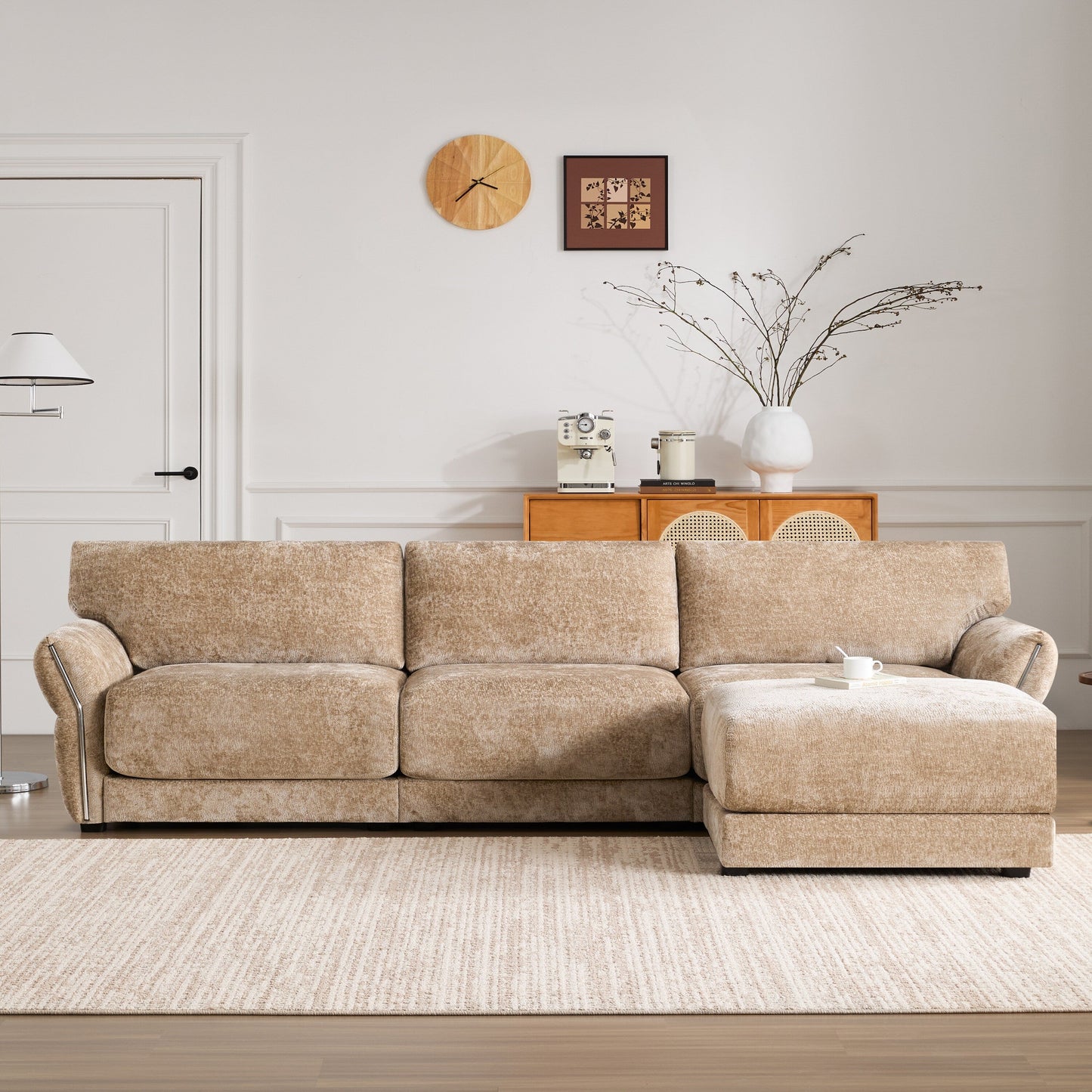 Roomfitters Modular L-Shaped Sofa with Wide Chenille Seat, USB Type-C Charger and Ottoman, Petal Arms, High Foam