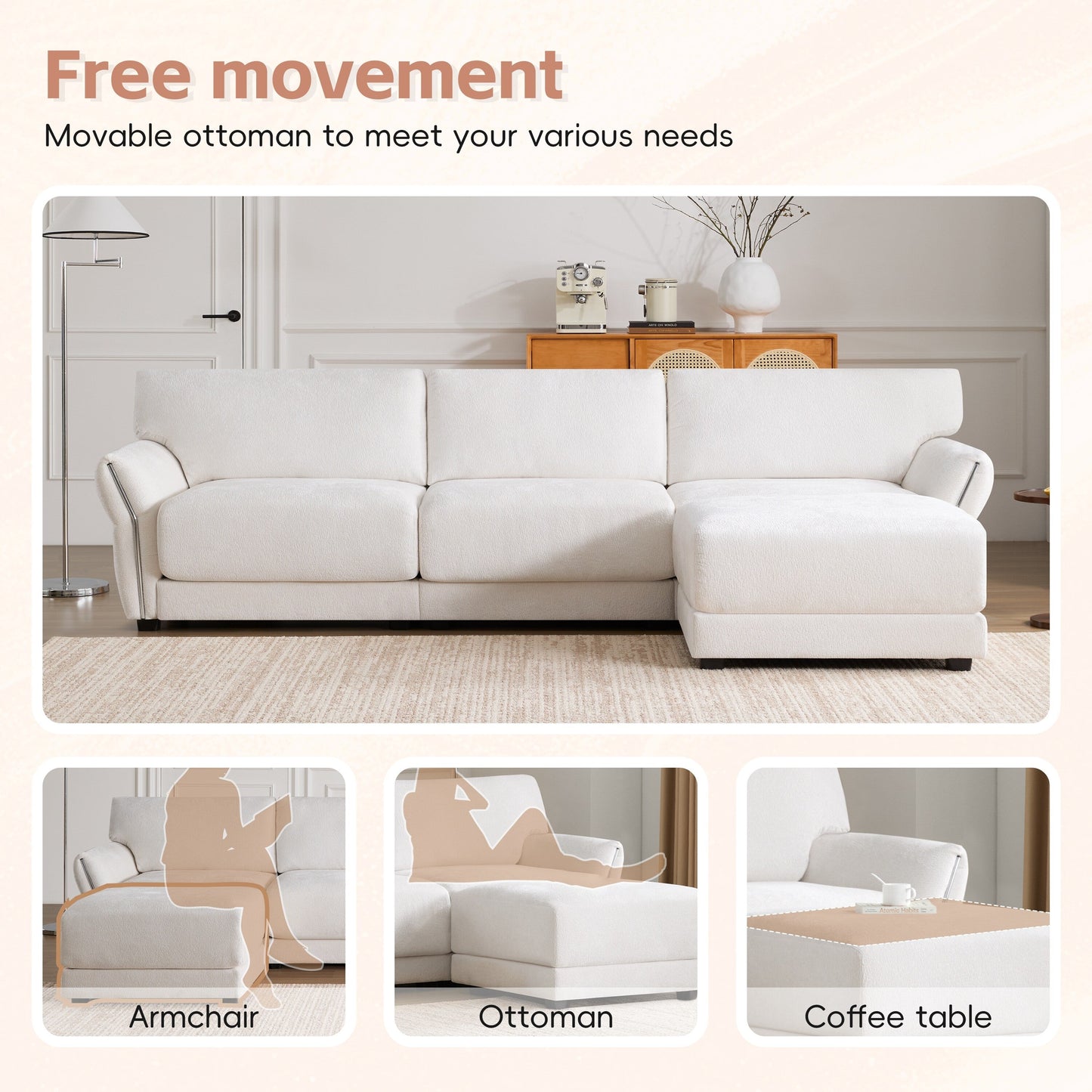 Roomfitters Modular L-Shaped Sofa with Wide Chenille Seat, USB Type-C Charger and Ottoman, Petal Arms, High Foam