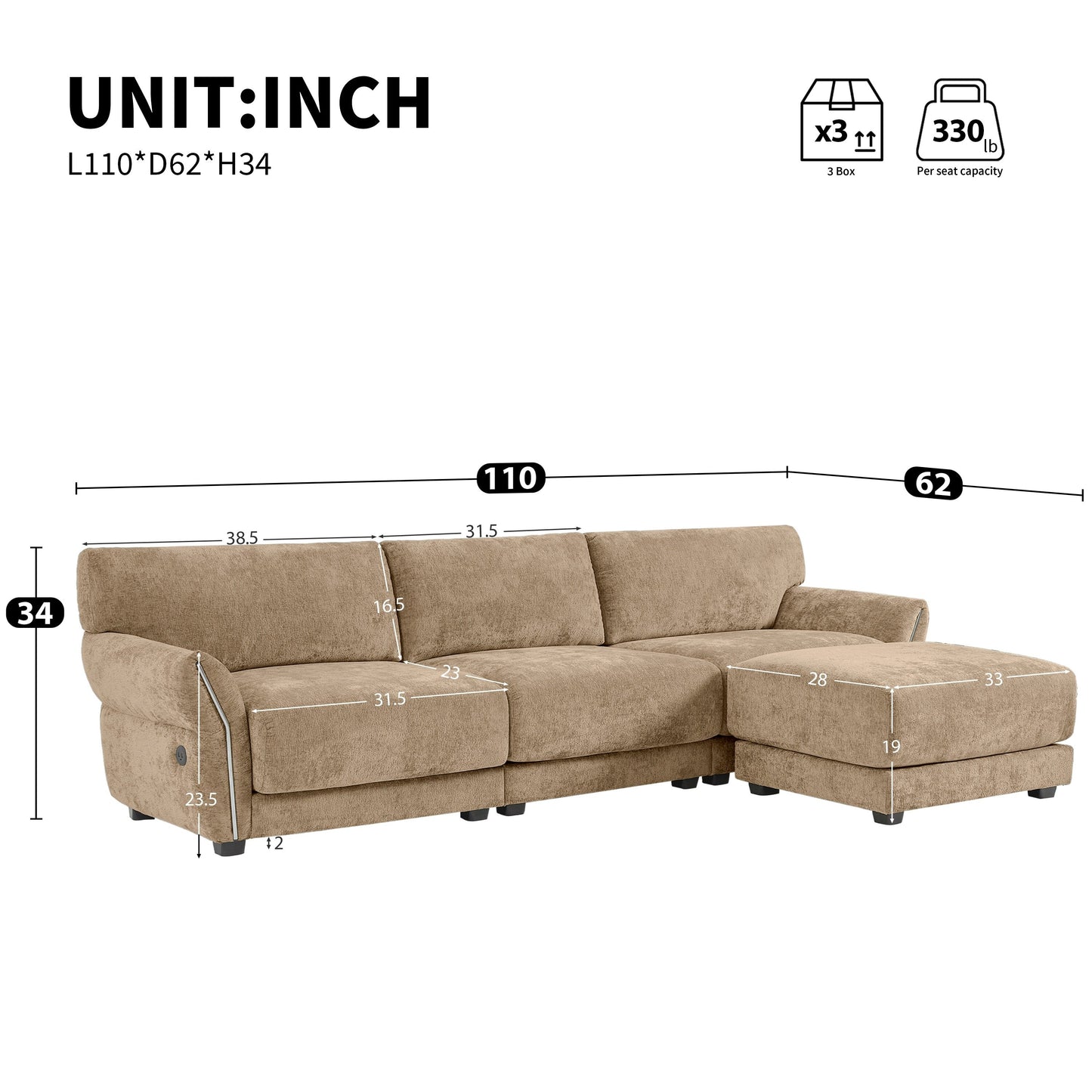 Roomfitters Modular L-Shaped Sofa with Wide Chenille Seat, USB Type-C Charger and Ottoman, Petal Arms, High Foam