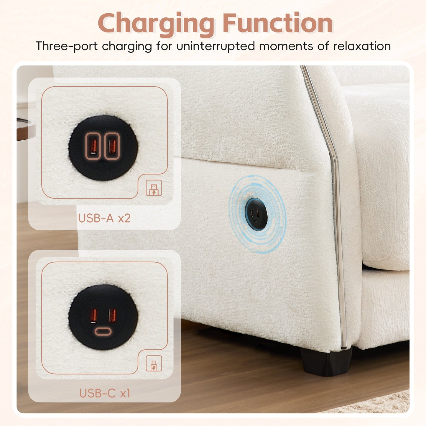 Roomfitters Modular L-Shaped Sofa with Wide Chenille Seat, USB Type-C Charger and Ottoman, Petal Arms, High Foam