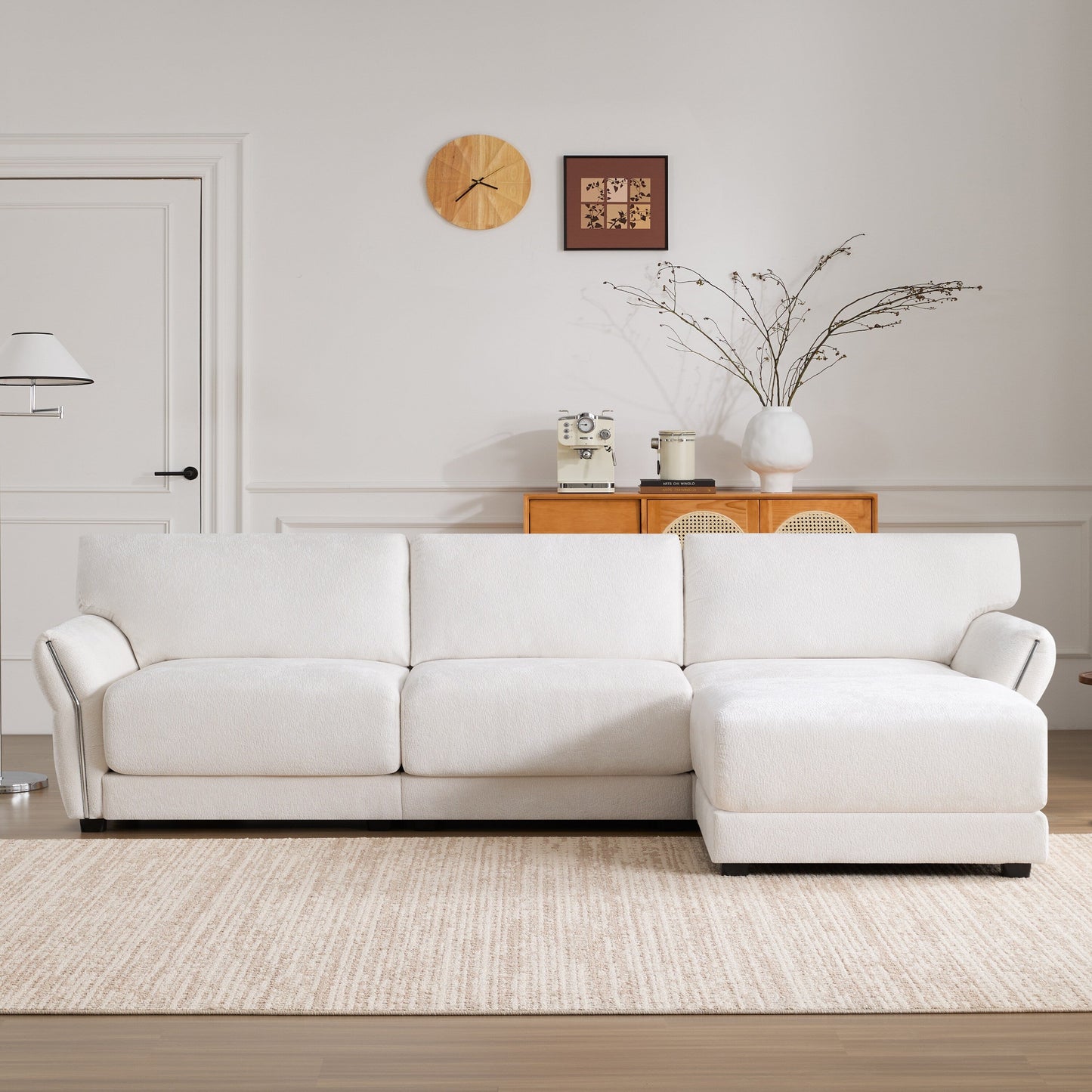 Roomfitters Modular L-Shaped Sofa with Wide Chenille Seat, USB Type-C Charger and Ottoman, Petal Arms, High Foam