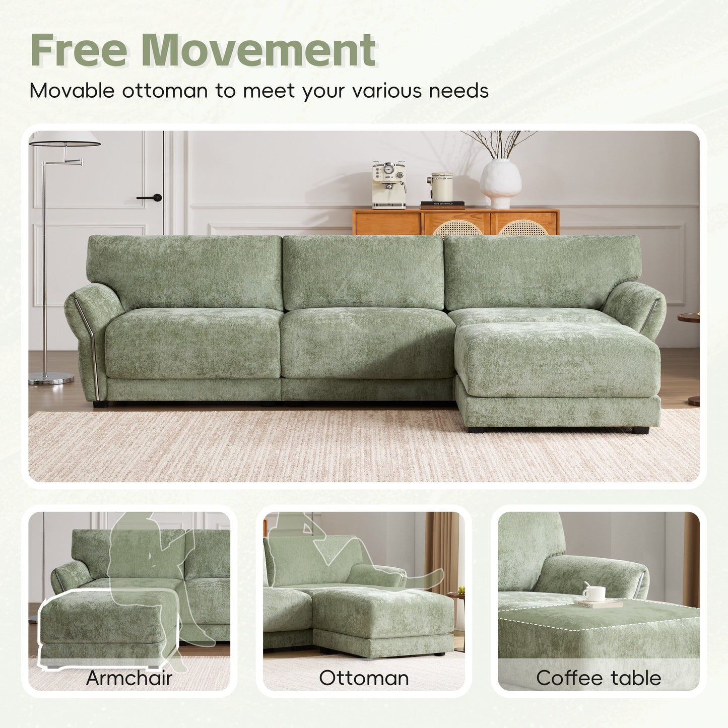 Roomfitters Modular L-Shaped Sofa with Wide Chenille Seat, USB Type-C Charger and Ottoman, Petal Arms, High Foam