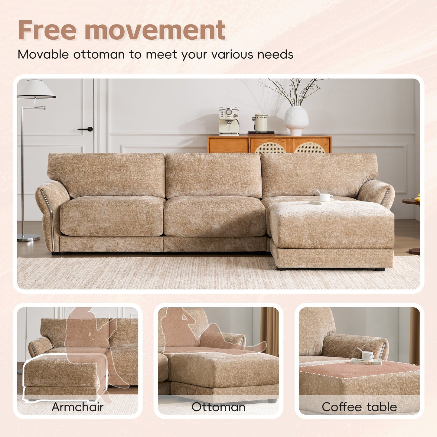 Roomfitters Modular L-Shaped Sofa with Wide Chenille Seat, USB Type-C Charger and Ottoman, Petal Arms, High Foam