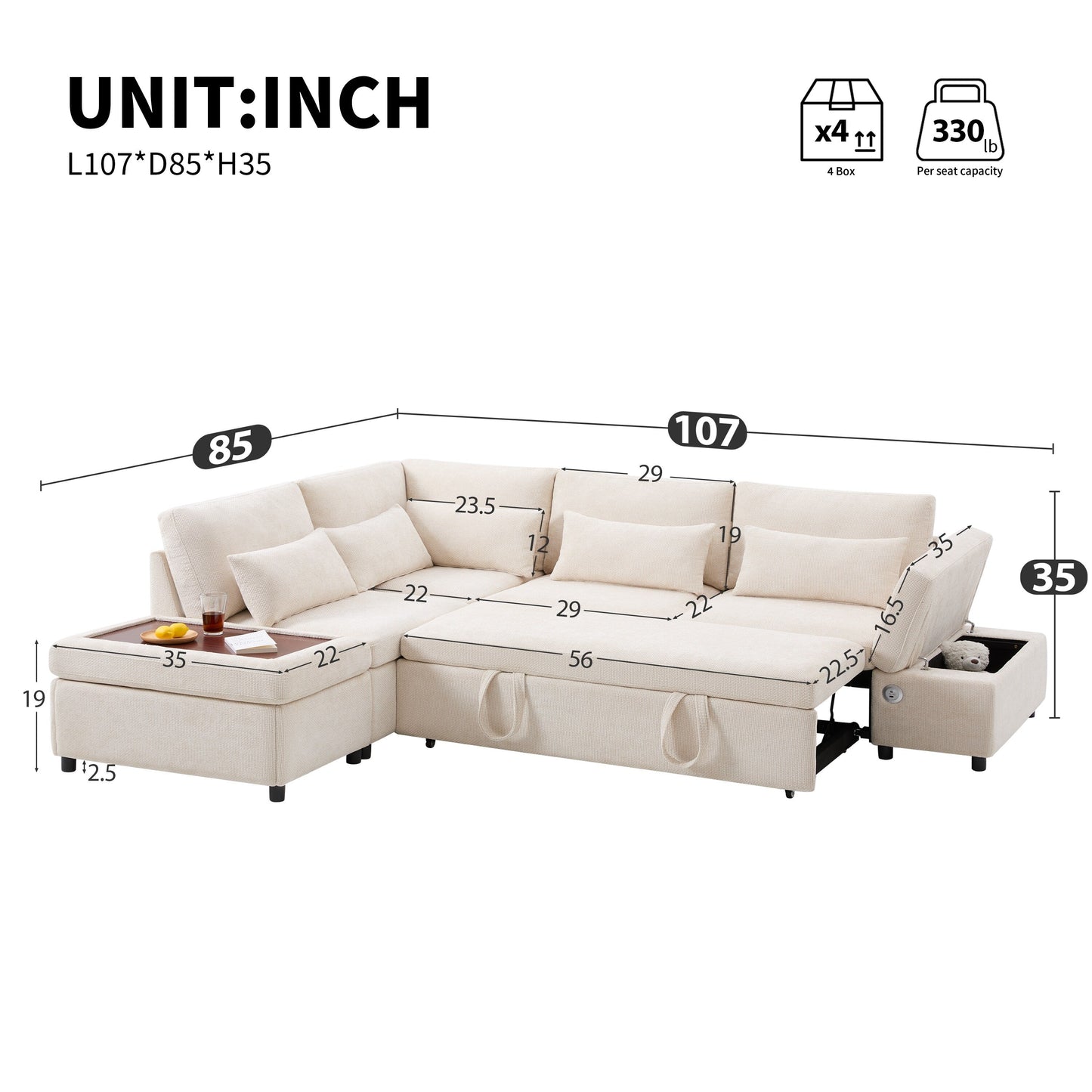 Roomfitters Modular Pull-Out Sofa with Storage Ottoman, L-Shaped Oversized Chenille Sectional for Apartment