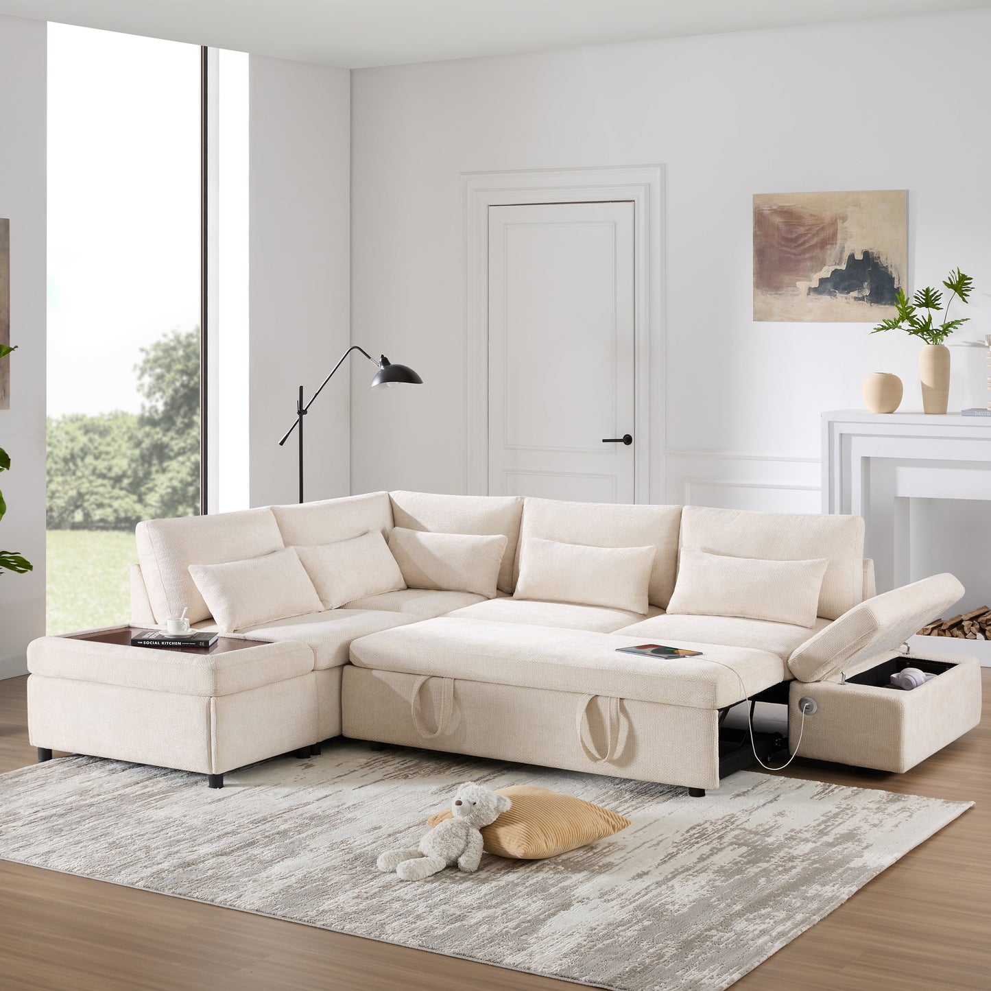 Roomfitters Modular Pull-Out Sofa with Storage Ottoman, L-Shaped Oversized Chenille Sectional for Apartment