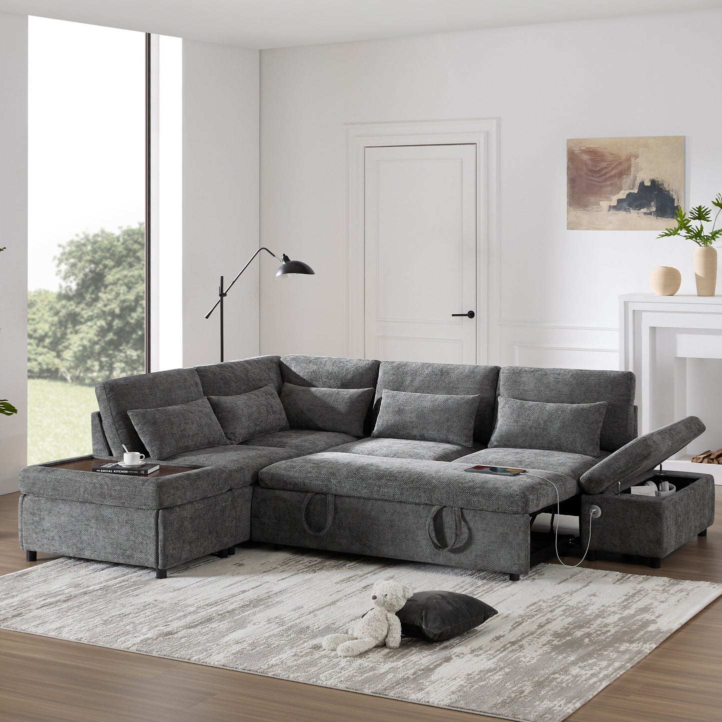 Roomfitters Modular Pull-Out Sofa with Storage Ottoman, L-Shaped Oversized Chenille Sectional for Apartment