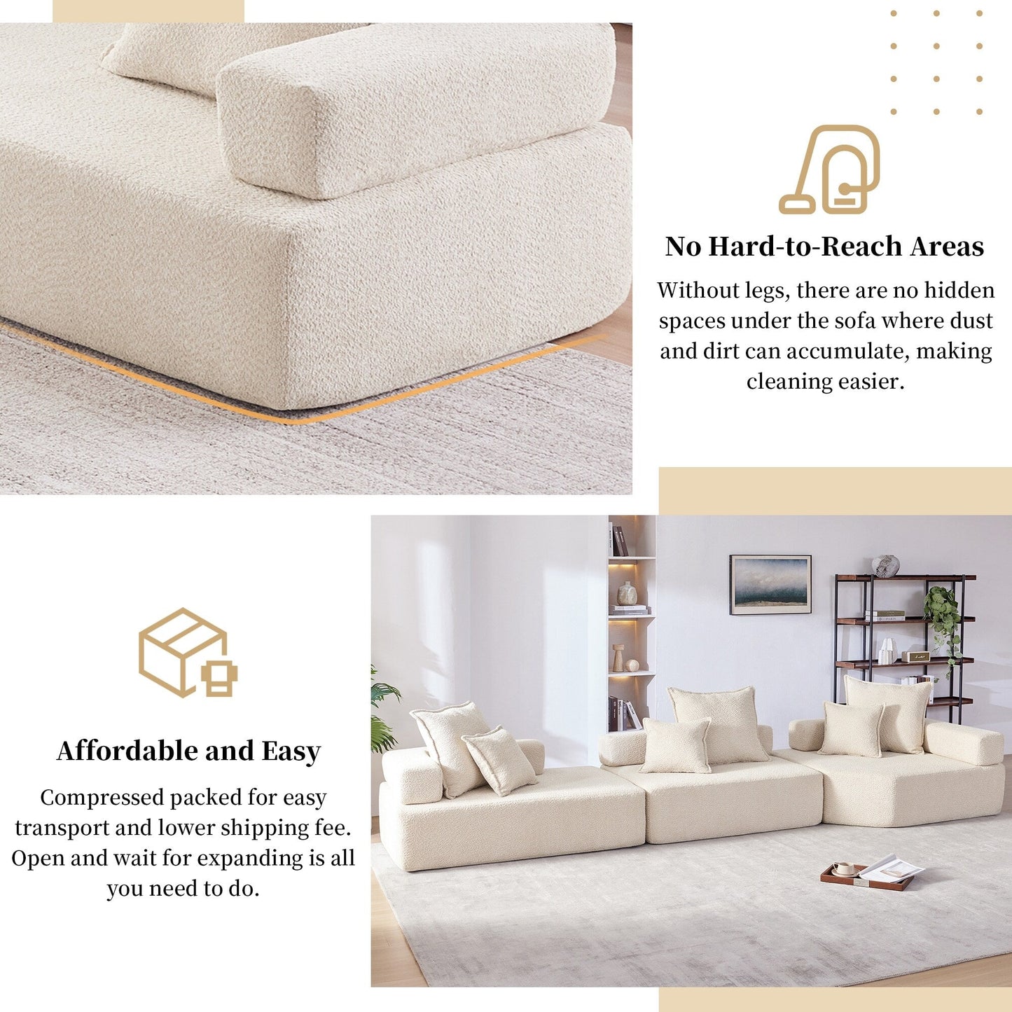 Roomfitters Modular Sectional Sofa with 3-Piece Boucle Floor Set, Foam-Filled Convertible Living Room Couch, Beige