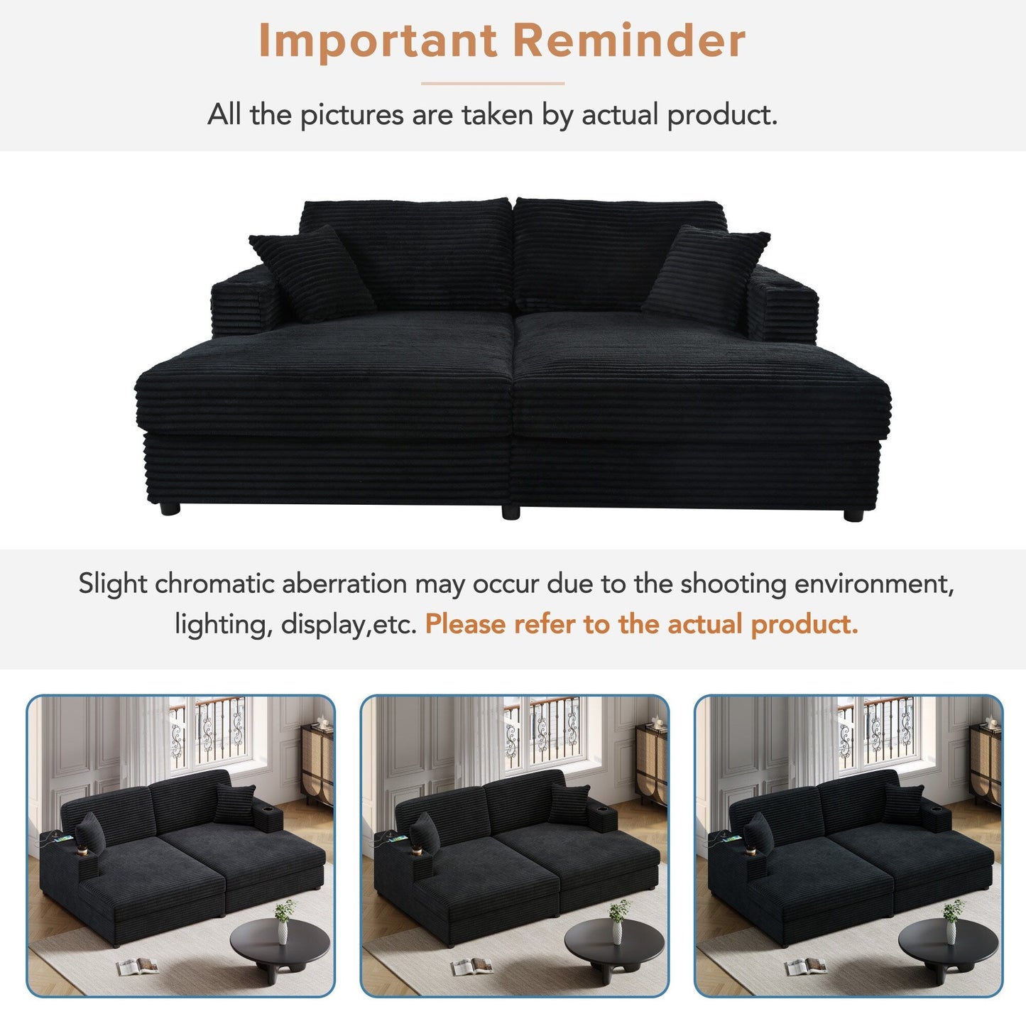 Roomfitters Oversized Loveseat Chaise Lounge Sectional Sofa Bed, Corduroy Sleeper with USB Ports, Cup Holders
