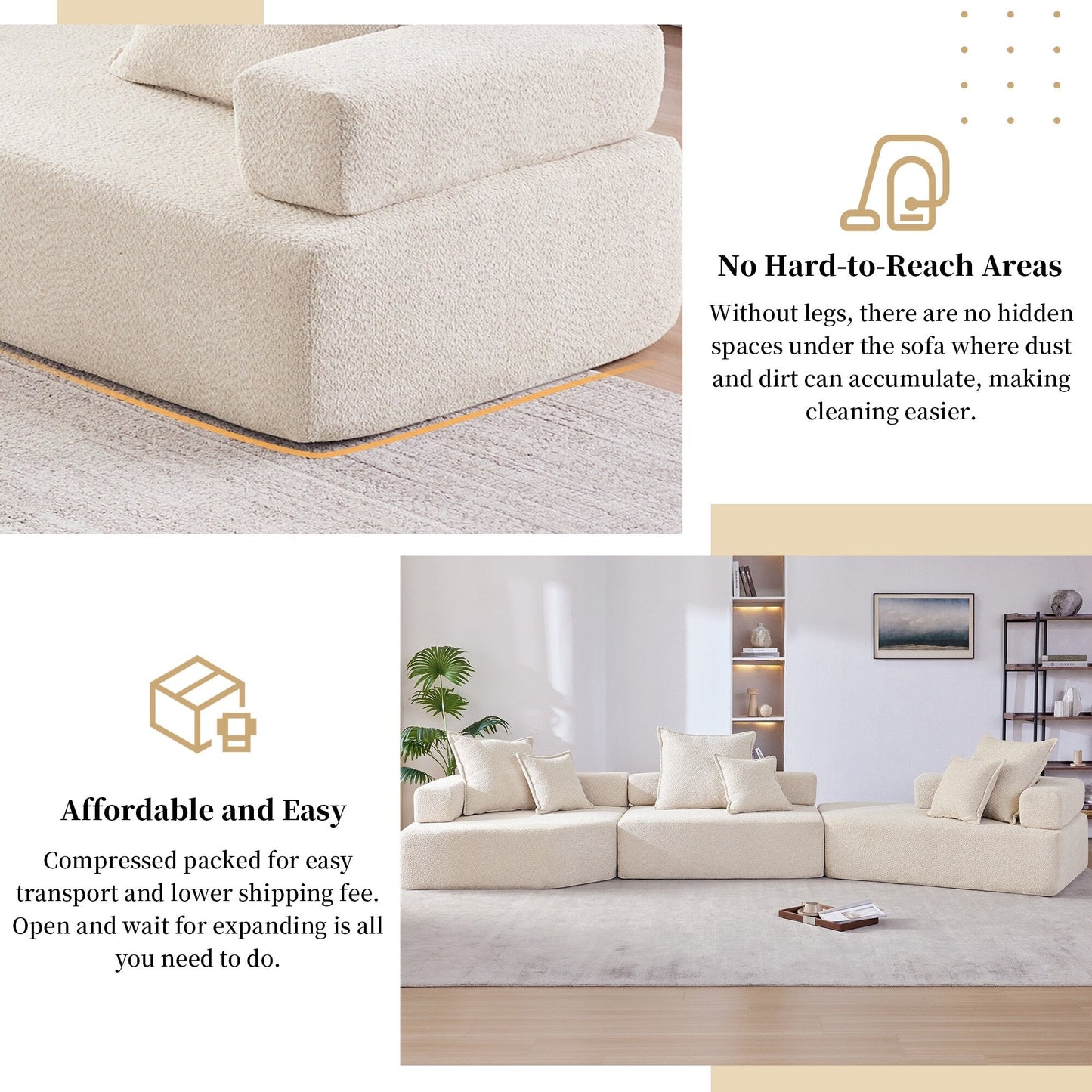 Roomfitters Oversized Modular Sofa with 3-Piece Boucle Set, Convertible Floor Couch for Living Room, Beige