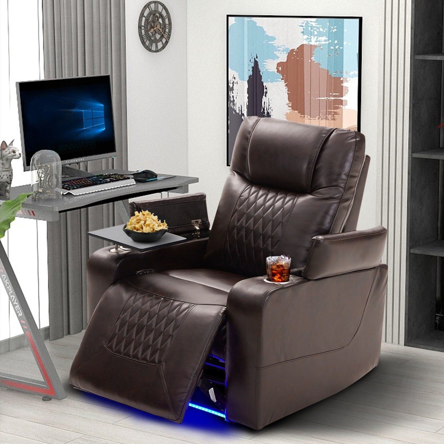 Roomfitters Power Motion Recliner with USB Charging Ports, Hidden Arm Storage, Two Cup Holders, and 360° Swivel Tray Table