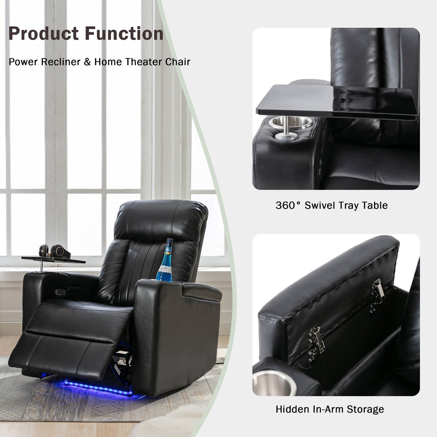 Roomfitters Premium Power Recliner with Storage Arms, Cup Holders, Swivel Tray Table, and Cell Phone Stand, Black