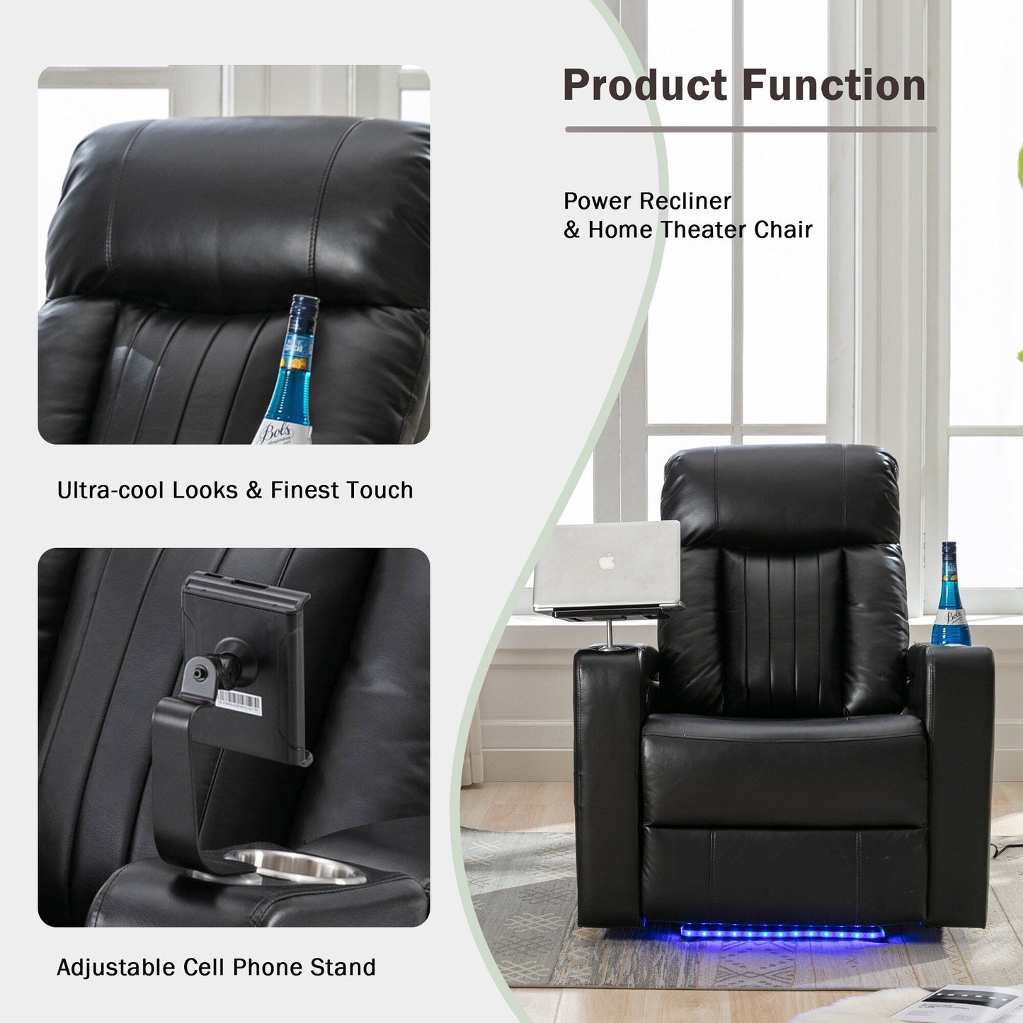 Roomfitters Premium Power Recliner with Storage Arms, Cup Holders, Swivel Tray Table, and Cell Phone Stand, Black