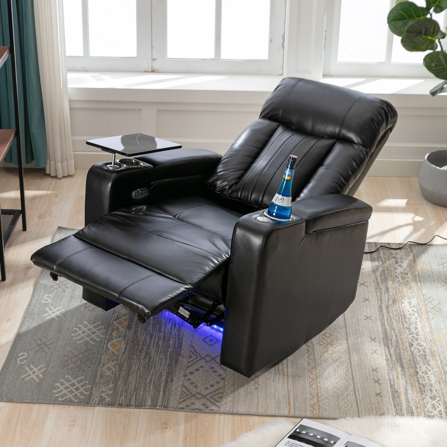 Roomfitters Premium Power Recliner with Storage Arms, Cup Holders, Swivel Tray Table, and Cell Phone Stand, Black