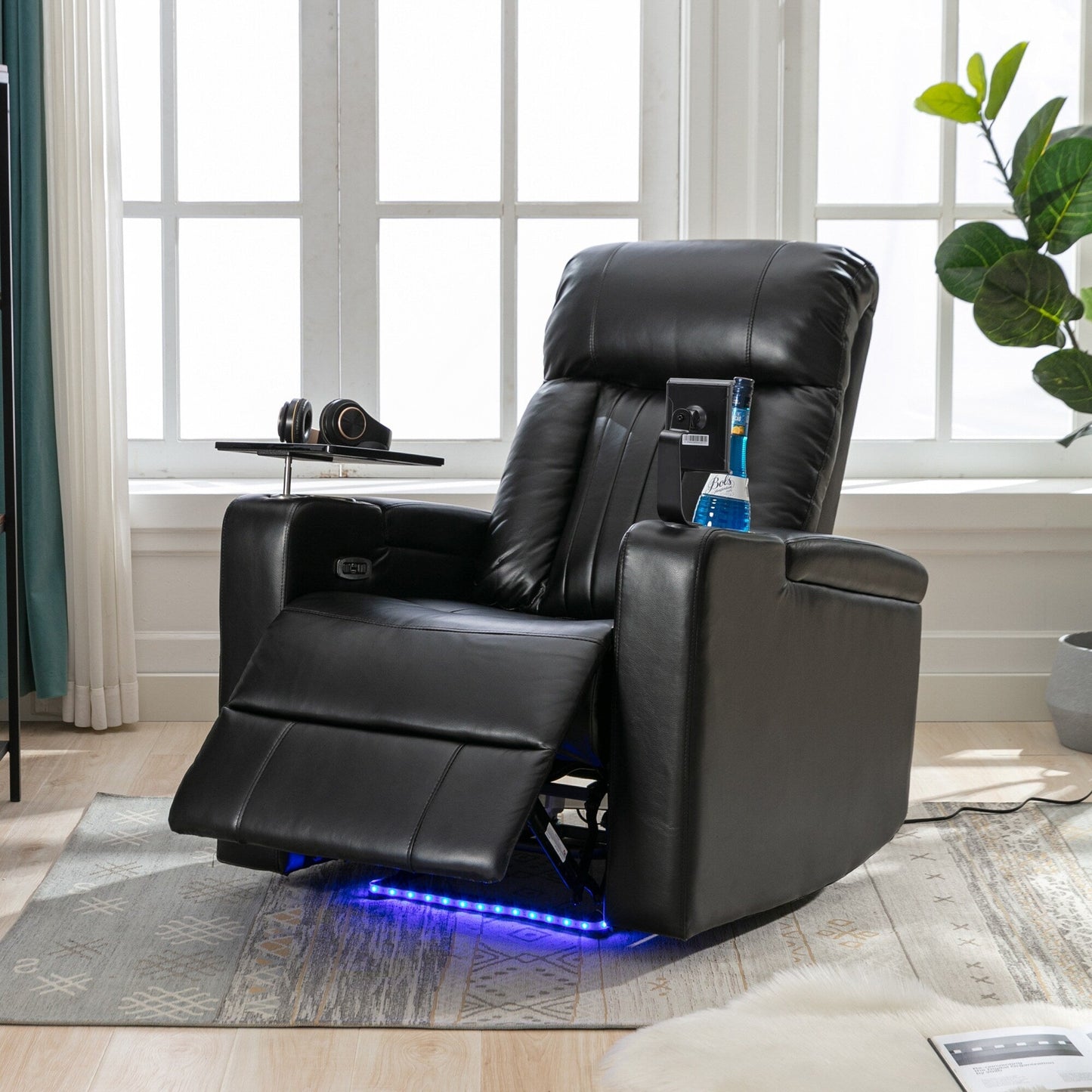 Roomfitters Premium Power Recliner with Storage Arms, Cup Holders, Swivel Tray Table, and Cell Phone Stand, Black