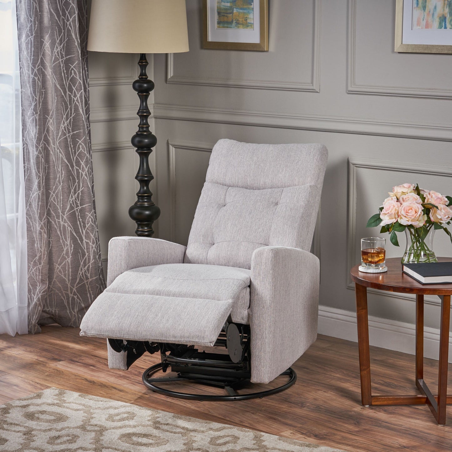 Roomfitters Swivel Recliner Chair with Tufted Back and Metal Base, Push-Back Reclining Lounge Chair for Living Room