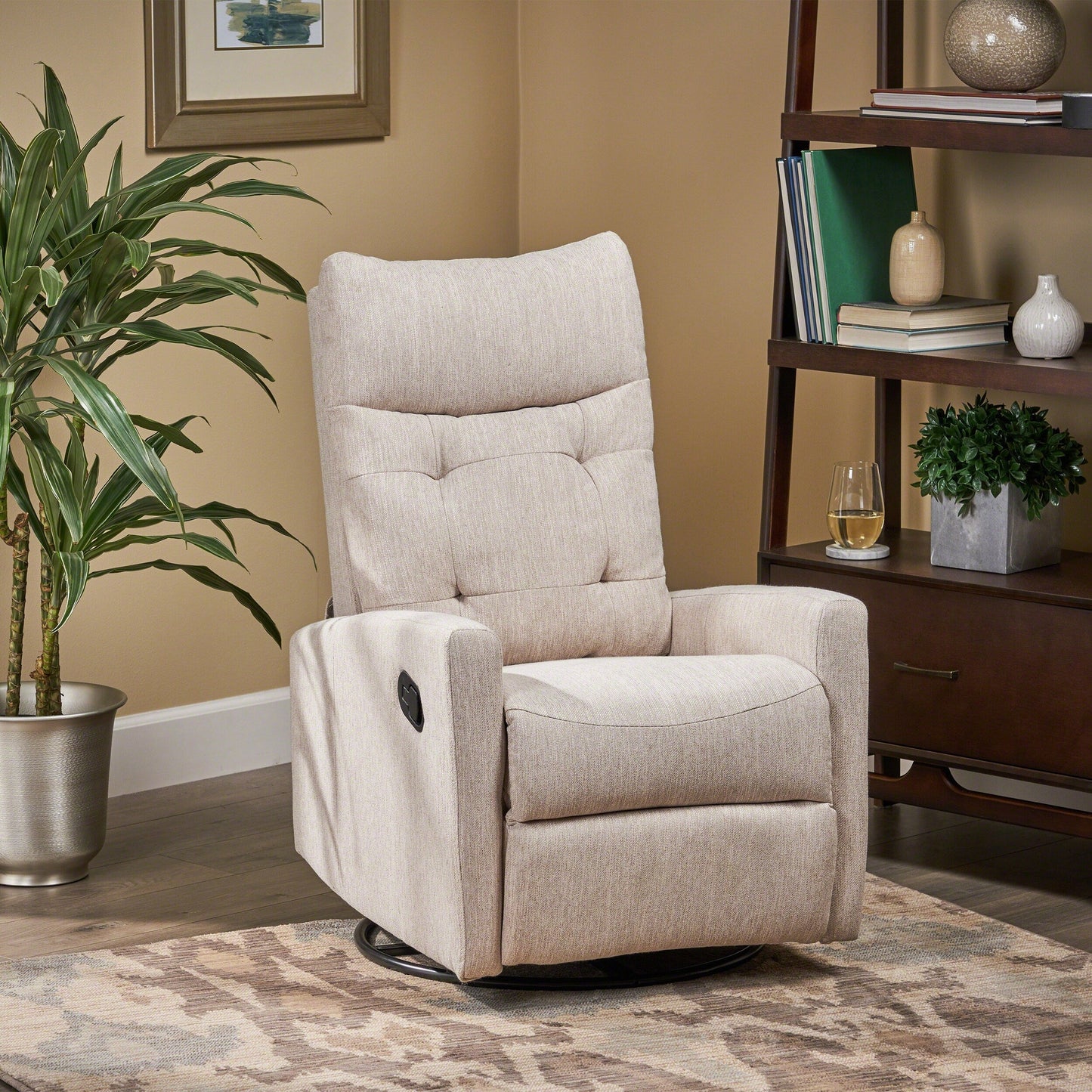 Roomfitters Swivel Recliner Chair with Tufted Back and Metal Base, Push-Back Reclining Lounge Chair for Living Room