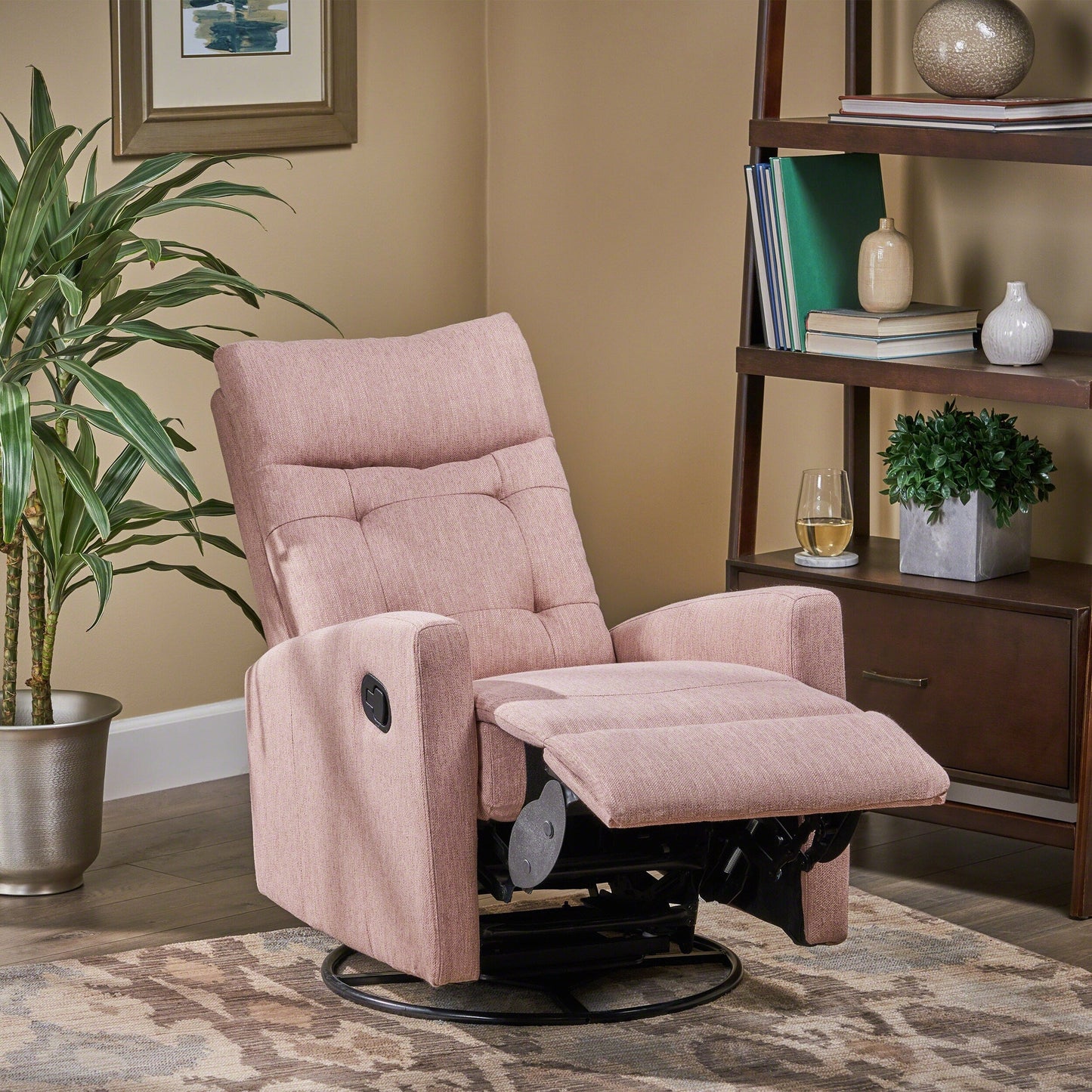 Roomfitters Swivel Recliner Chair with Tufted Back and Metal Base, Push-Back Reclining Lounge Chair for Living Room
