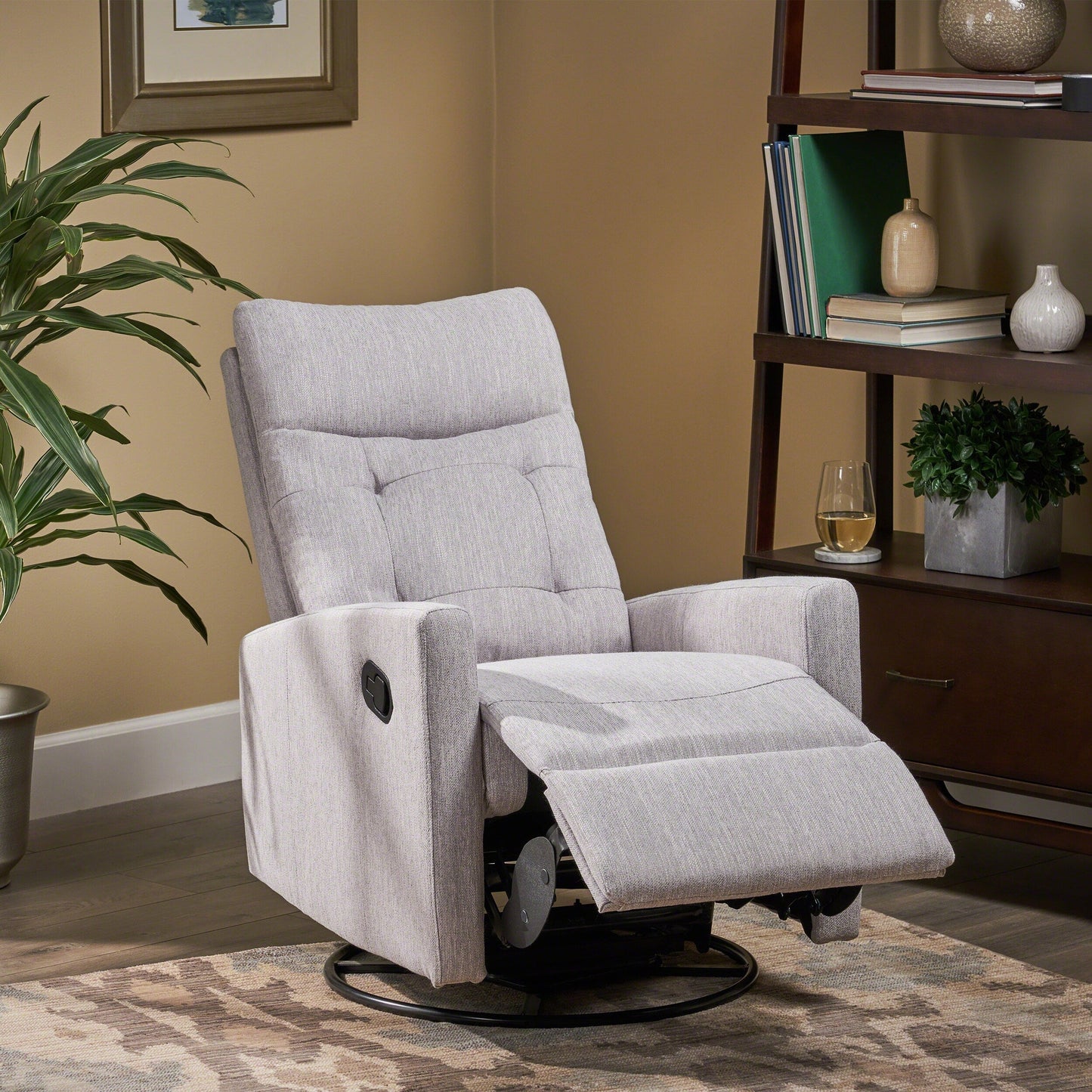 Roomfitters Swivel Recliner Chair with Tufted Back and Metal Base, Push-Back Reclining Lounge Chair for Living Room