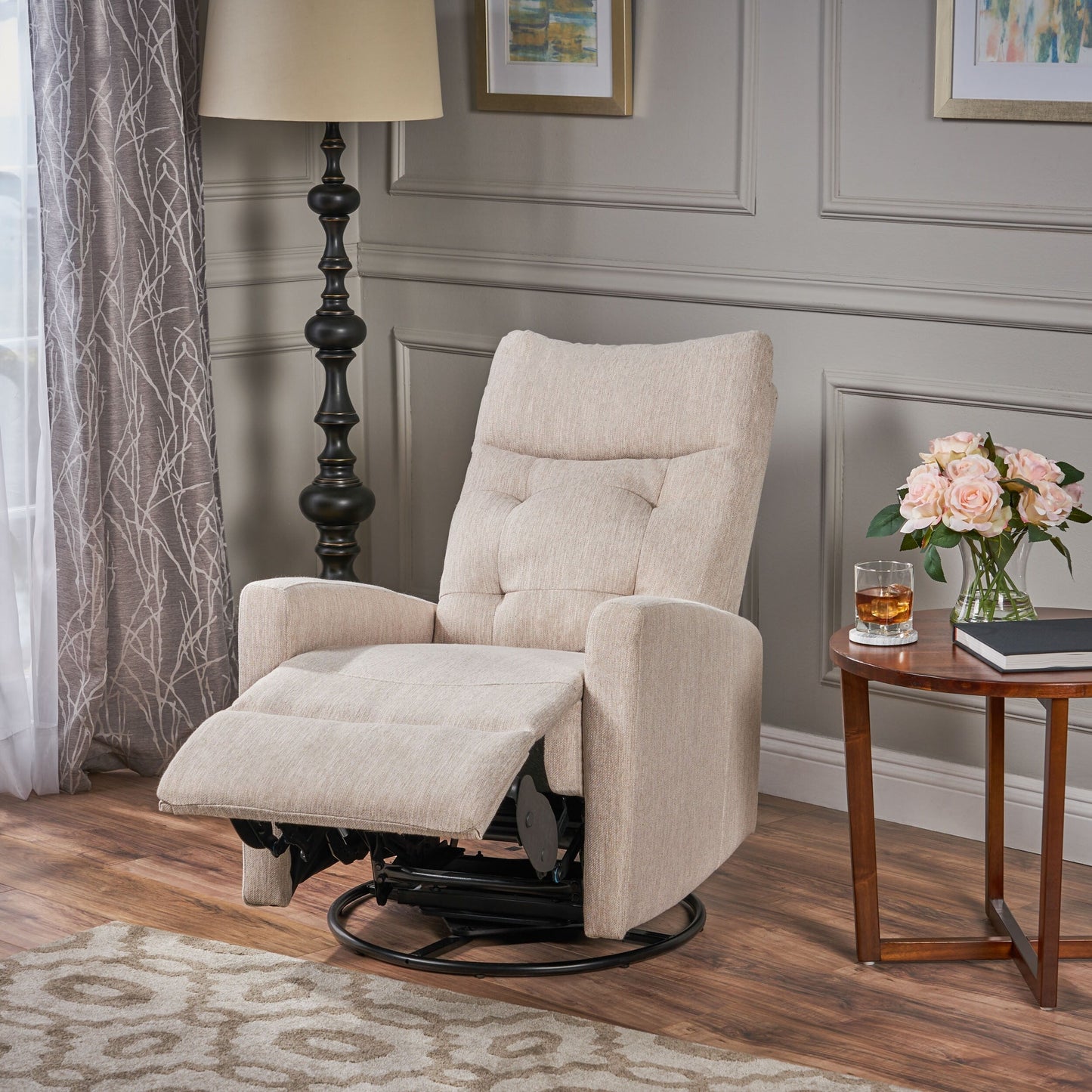 Roomfitters Swivel Recliner Chair with Tufted Back and Metal Base, Push-Back Reclining Lounge Chair for Living Room