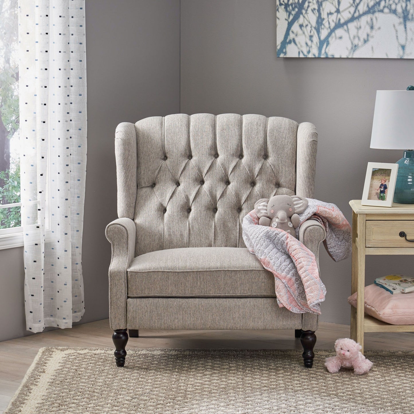 Roomfitters Tufted Wingback Recliner Chair with Rolled Arms and Turned Wood Legs, Lounge Accent Chair for Living Room