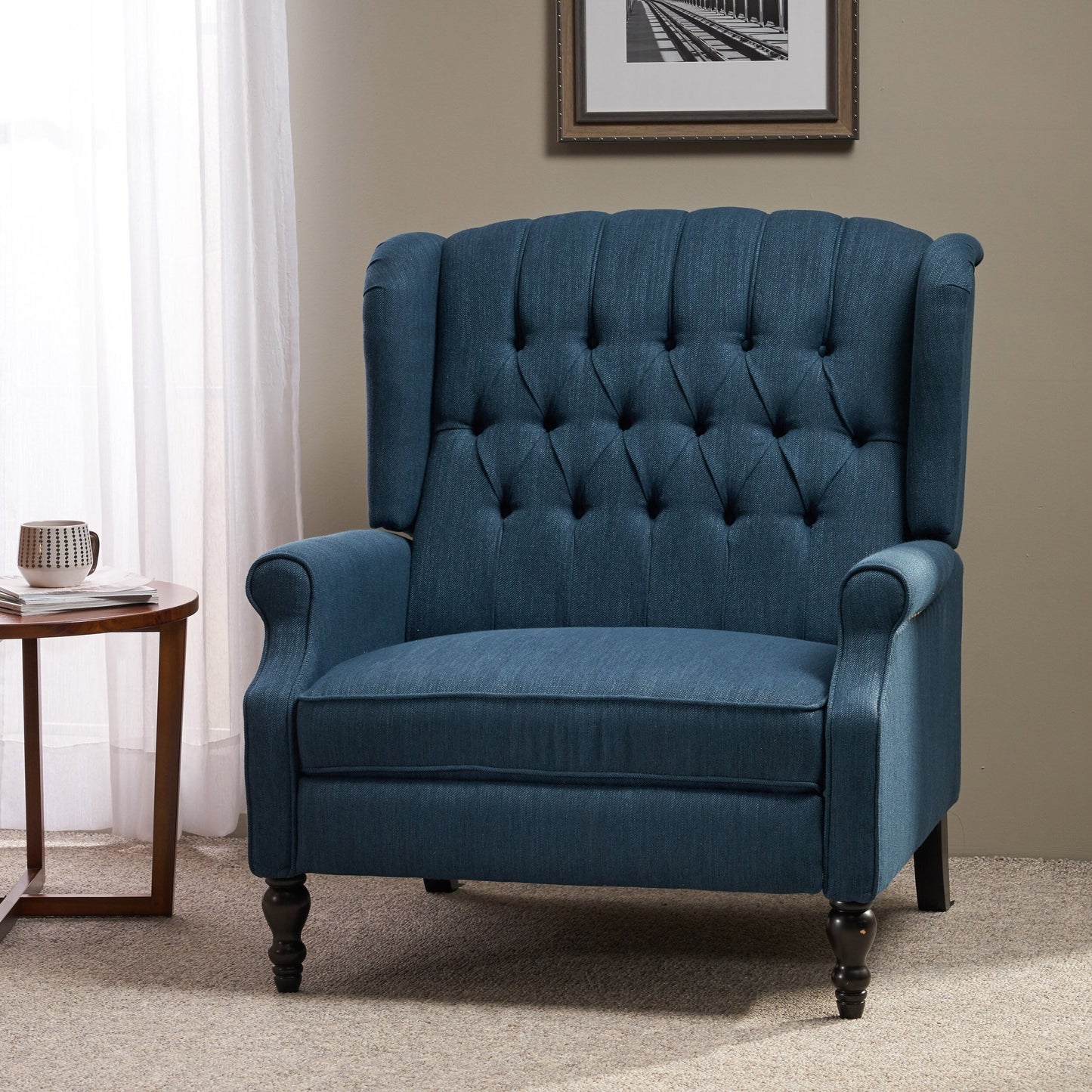 Roomfitters Tufted Wingback Recliner Chair with Rolled Arms and Turned Wood Legs, Lounge Accent Chair for Living Room