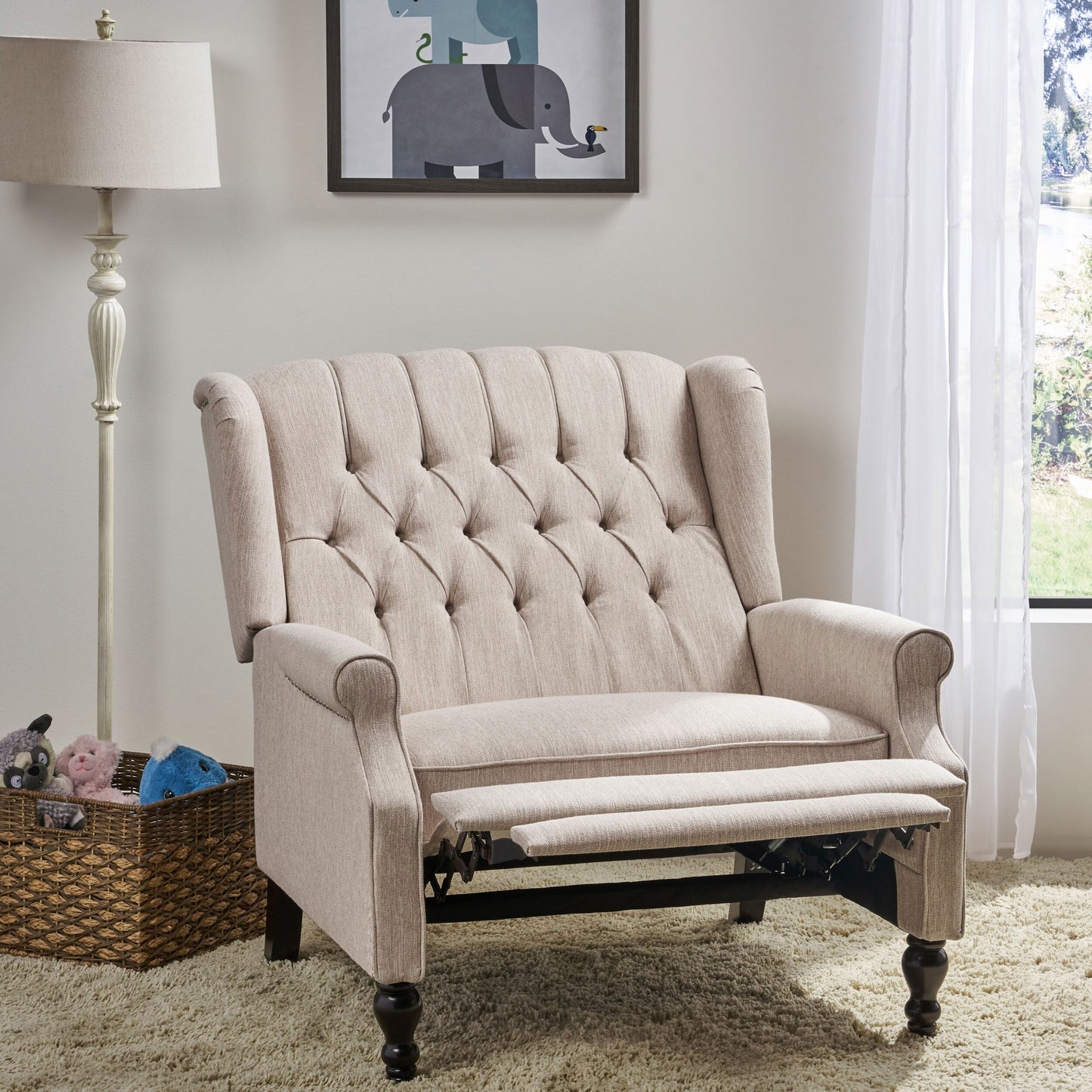 Roomfitters Tufted Wingback Recliner Chair with Rolled Arms and Turned Wood Legs, Lounge Accent Chair for Living Room