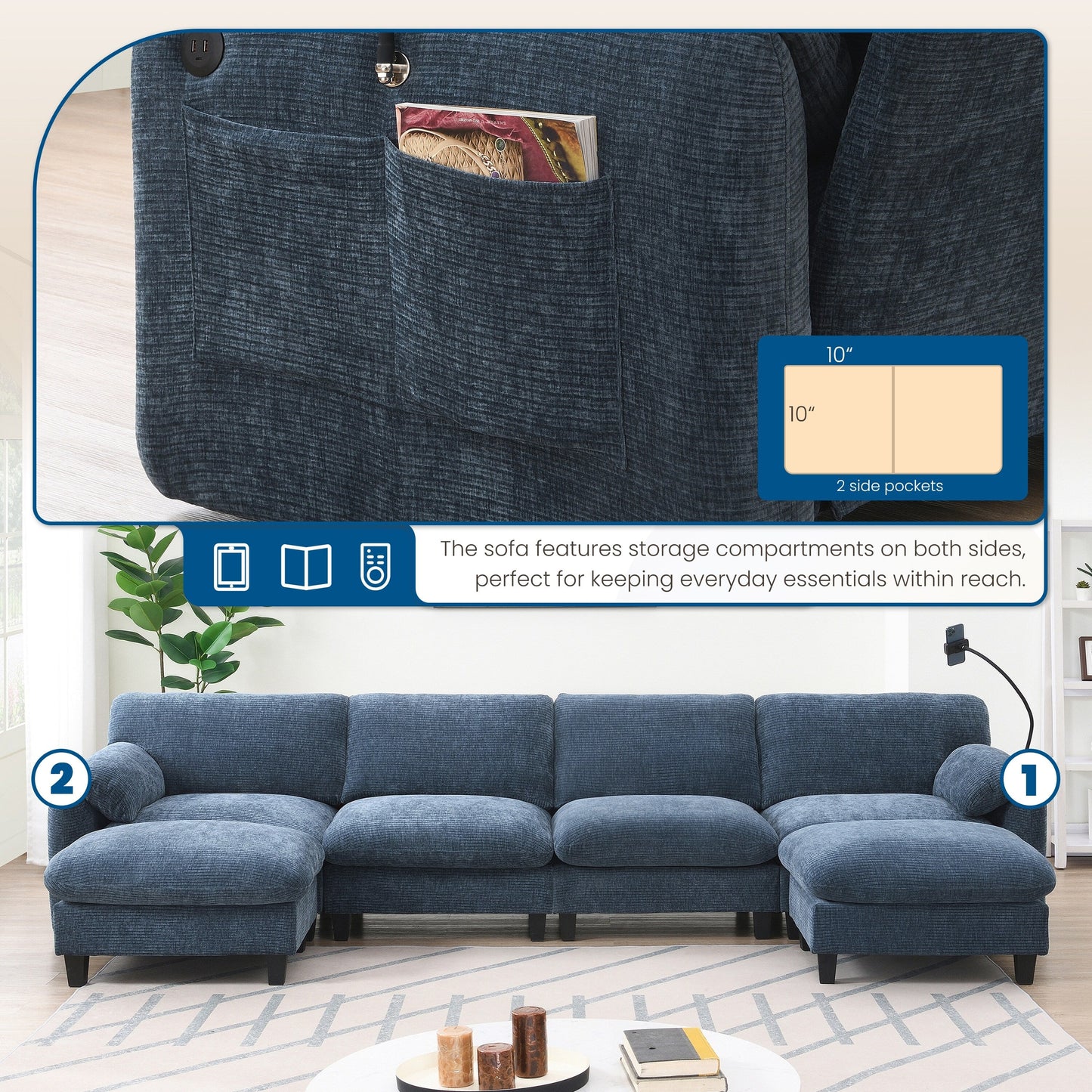 Roomfitters U-Shaped Striped Chenille Sofa with Extra-Wide Seat, USB Type-C Charger, Phone Holder and Ottoman