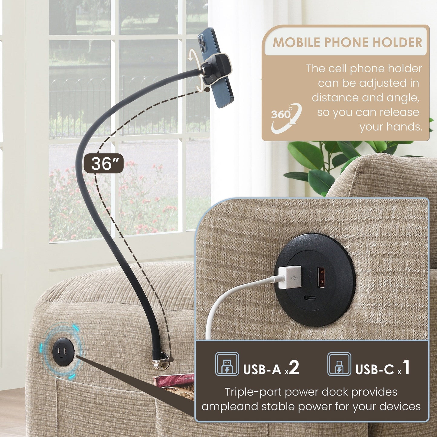 Roomfitters U-Shaped Striped Chenille Sofa with Extra-Wide Seat, USB Type-C Charger, Phone Holder and Ottoman