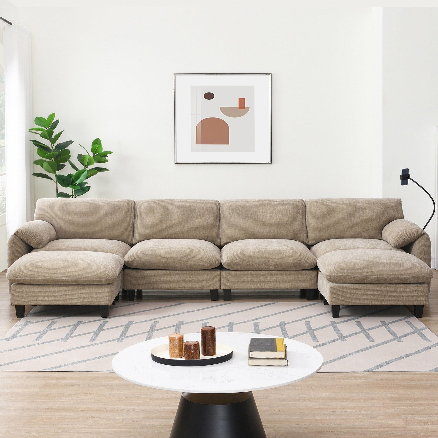 Roomfitters U-Shaped Striped Chenille Sofa with Extra-Wide Seat, USB Type-C Charger, Phone Holder and Ottoman