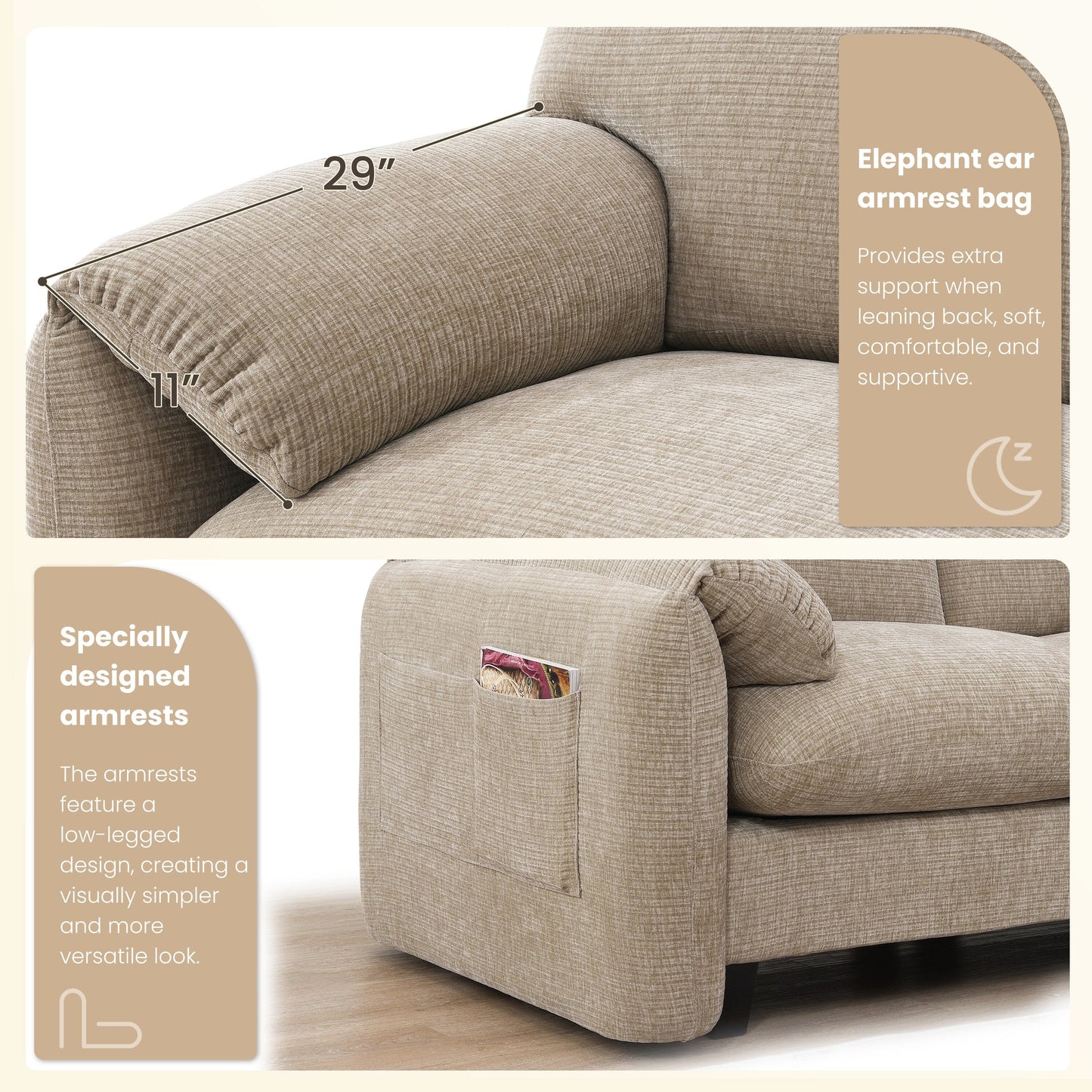 Roomfitters U-Shaped Striped Chenille Sofa with Extra-Wide Seat, USB Type-C Charger, Phone Holder and Ottoman