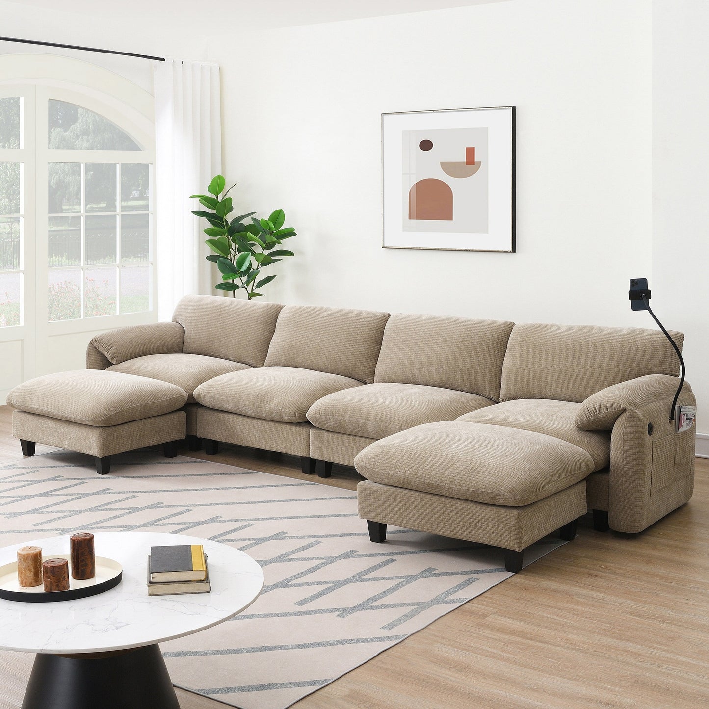 Roomfitters U-Shaped Striped Chenille Sofa with Extra-Wide Seat, USB Type-C Charger, Phone Holder and Ottoman
