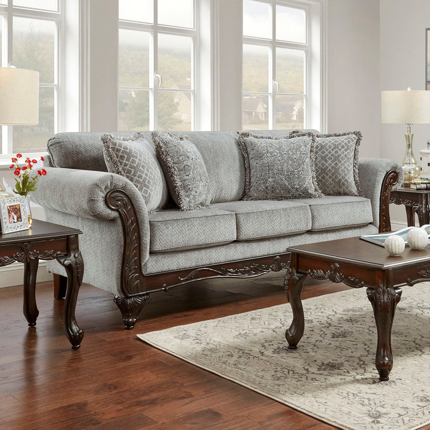 Roundhill Furniture Hernen Carved Wood Frame Sofa