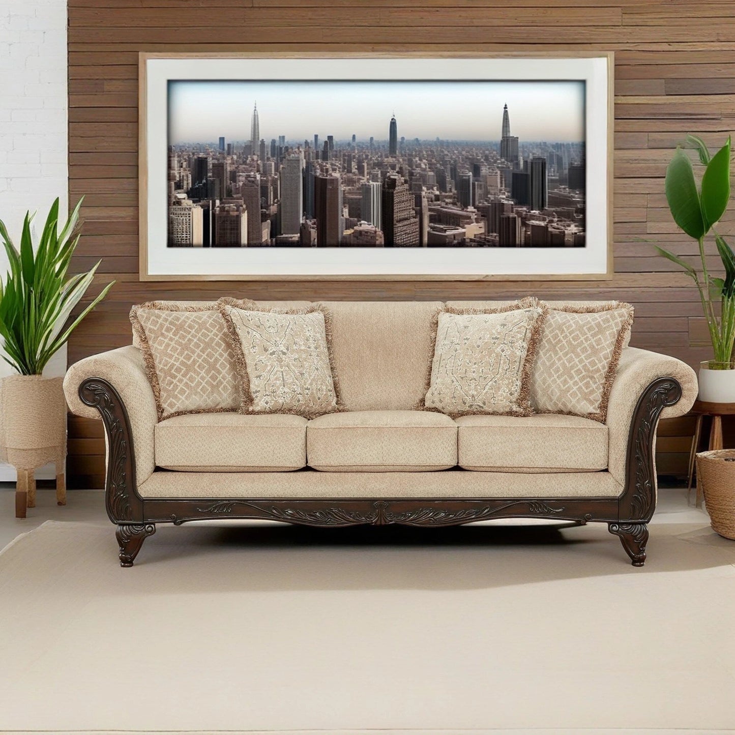 Roundhill Furniture Hernen Carved Wood Frame Sofa