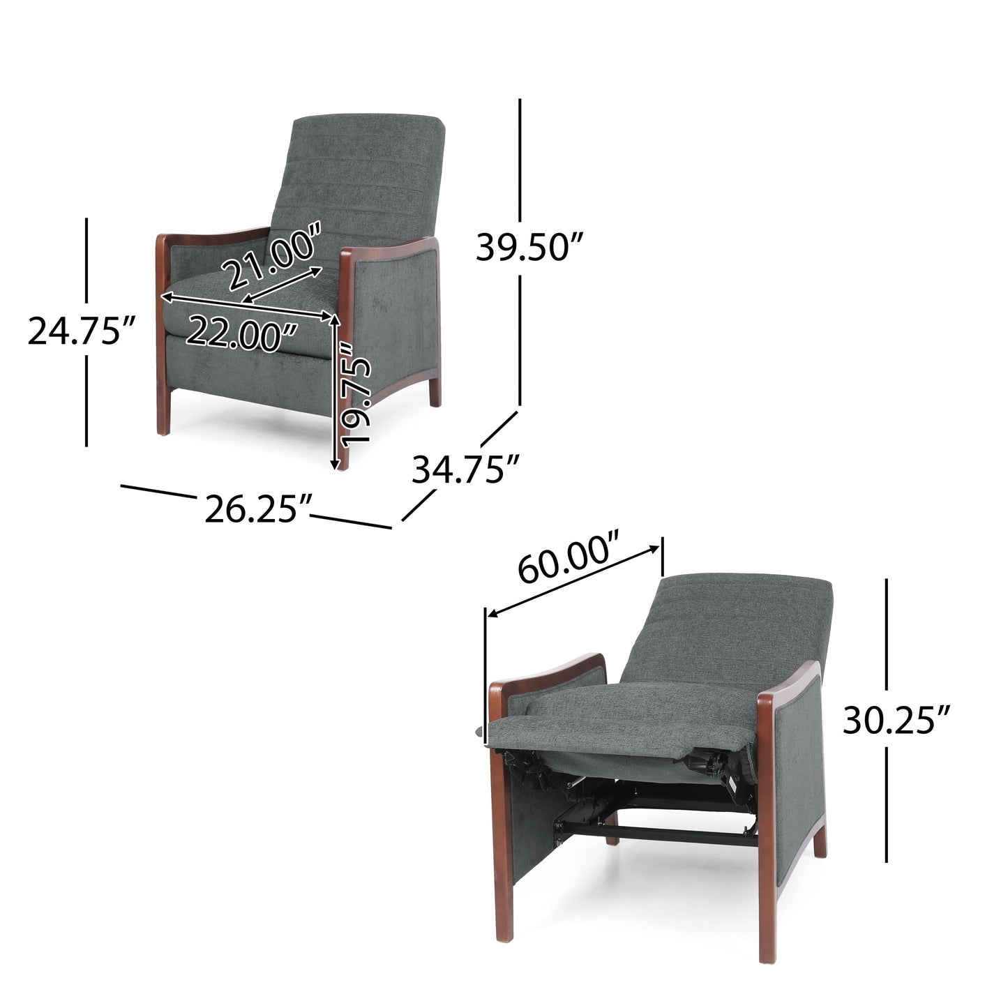 Ryka Push Back Recliner Chair, Birch Wood, Gray Channel Stitching